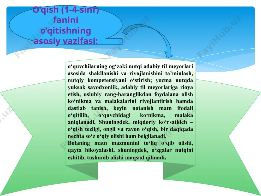 ngdirib o‘qitilishi ko‘zda tutilgan. shuningdek, dasturda fanni chuqurlashtirilib o‘qitiladigan 2-3-4sinflar uchun mavzularga ajratilgan soatlar alohida ko‘rsatilgan. adabiy tushunchalarni anglash tipidagi savol-topshiriqlar mazkur bo‘limda berilmagan. yuqorida qayd qilingan tasnifga ko‘ra, 1-sinf «o‘qish kitobi»da matnlardan so‘ng asosan qayta xotirlash tipidagi savollar berilgani aniqlandi. faqatgina bo‘lim yuzasidan o‘tkaziladigan takrorlash darslari uchun savol-topshiriqlar tavsiya qilingan. 2-sinfda qayta xotirlash tipidagi savol-topshiriqlar 68 foizni, qisman izlanuvchanlik tipidagilari 22 foizni, ijodiy tipdagi savol- topshiriqlar 10 foizni tashkil etadi. 3-sinfda tavsiya qilingan savol-topshiriqlarning 60 foizi 1-, 22 foizi 2-, 12 foizi 3-, 6 foizi 4-tipga mansubligi aniqlandi. 4-sinfda qayta xotirlash tipidagi savol-topshiriqlar 40 foizni, qisman izlanuvchanlik tipidagi savol-topshiriqlar 20 foizni, ijodiy tipdagi savol-topshiriqlar 28 foizni, adabiy tushunchalarni anglash bilan bog‘liq savol-topshiriqlar 12 foizni tashkil qiladi. prezidentimiz shavkat mirziyoyev 2017 yil 12 yanvar kuni “kitob mahsulotlarini chop etish va tarqatish tizimini rivojlantirish, kitob mutolaasi va kitobxonlik madaniyatini oshirish hamda targ‘ibot qilish bo‘yicha komissiya tuzish to‘g‘risida”gi farmoyishni imzoladilar. dasturning qiyosiy …