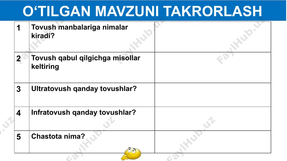 ovush energiyasi tovush energiyaga ega. agar tovush energiyasi ma’lum kattalikdan kichik bo‘lsa, inson unday tovushlarni eshitmaydi. tovush energiyasi agar katta bo‘lsa, inson qulog‘ida og‘riq sezadi va tebranishlarni tovush sifatida qabul qilmaydi. tovush qattiqligi inson sezadigan tovush qattiqligining quyi chegarasi bell deb belgilangan. bu birlik telefonni ixtiro qilgan g.bell sharafiga qo‘yilgan. 1 detsibel = 1db = 0,1 b shunga ko‘ra, sekin suhbatniki - 40 db shovqinniki - 80 db samolyotniki - 110-120 db ga teng. og‘riq sezish bo‘sag‘asini 130 db deb qabul qilingan. “rupor” ham shunday tovushni yo‘naltirib beradigan asbobdir. qadimda tovushni kuchaytirib beruvchi apparatlar bo‘lmaganida, “qulog‘i og‘ir” odamlar ruporni qulog‘iga qo‘yib eshitganlar. 18 tovush balandligi bu kattalik tovush chastotasi bilan belgilanadi. tovush balandligini belgilovchi chastotalar: - erkak kishi gapirganda uning tovushida 100 dan 7000 hz gacha; - ayol tovushida 200 dan 9000 hz gacha; - nog‘oradan chiqadigan tovushlarda esa, 90 dan 14 000 hz gacha bo‘lgan tebranishlar chastotasi uchraydi. tovush …