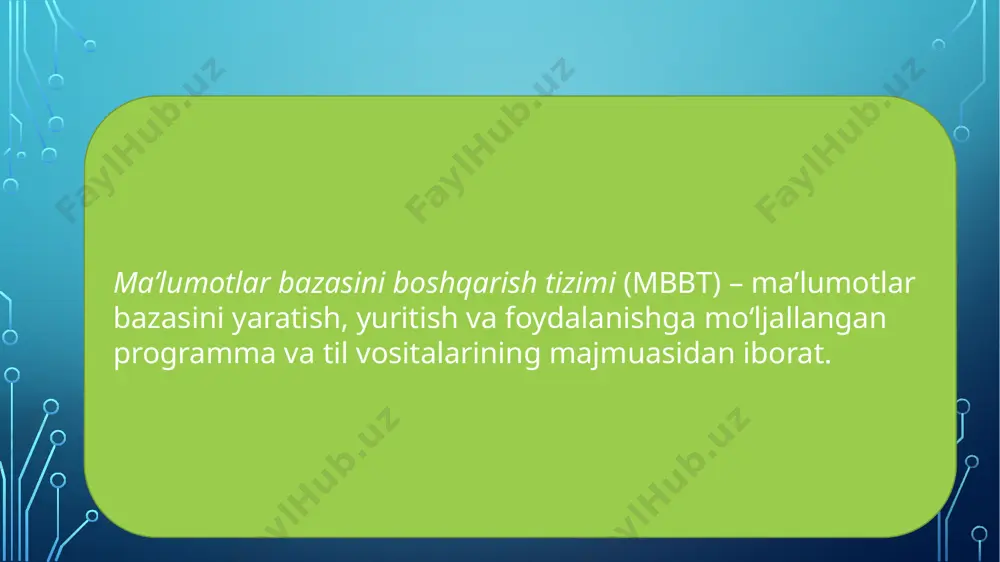 tekshiradi. keyin bb dispetcheri so‘rovni amalga oshirish uchun fayllar dispetcherini chaqiradi. bb dispetcherining tarkibi 2.2-rasmda keltirilgan. fayllar dispetcheri berilganlarni saqlashga mo‘ljallangan fayllarni manipulatsiyalash va diskdagi bo‘sh joylarni taqsimlashga javob beradi. u ichki chizmada aniqlangan tuzilishlar ro‘yxati va indeksini yaratadi hamda qo‘llaydi. agarda fayllarni xeshlash ishlatilsa, fayllar dispetcheri yozuvlarning adreslarini generatsiya qilish uchun xeshlash funksiyasini chaqirish bilan ham shug‘ullanadi. lekin fayllar dispetcheri fizik jihatdan berilganlarni kiritish-chiqarishni boshqarmaydi, faqatgina zaruriy so‘rovlarni kerakli kirish usullariga yo‘llaydi, ular berilganlarni o‘qish yoki disk (yoki xesh)ga yozishni tizim buferi orqali hal qiladi. dml tilining preprotsessori, amaliy programmalarga joylangan dml operatorlarni, asosiy tildagi standart funksiyalarni chaqiruvchilariga o‘zgartiradi. mos kodni generatsiya qilish uchun dml tilining preprotsessori so‘rovlar protsessori bilan o‘zaro aloqaga chiqadi. ddl tilining kompilyatori ddl buyruqlarni meta berilganlardan iborat jadvallar majmuasiga olib keladi. keyin bu jadvallar tizim katalogida saqlanadi, boshqaruvchi ma’lumotlar esa berilganlarning fayllaridagi sarlavhalarda saqlanadi. lug‘at dispetcheri tizim katalogiga kirish va u bilan ishlash jarayonini boshqaradi. …