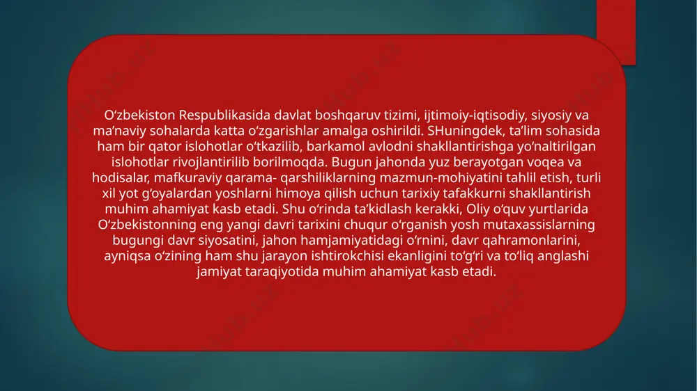 sosiy, amaliy va innovatsion tadqiqotlarga katta e’tibor qaratadi. bugungi kunda yuqori bilimni talab qiluvchi mahsulotlar va ilmiy-tekshirish muassasalari xizmatlarini keng targ‘ib qilish, muhim amaliy ilmiy natijalardan foydalanishning yangi yо‘llari aniqlanib, hayotga tatbiq qilinmoqda, о‘zbekiston respublikasi fanlar akademiyasi ilmiy bо‘limlari faoliyati takomillashtirilmoqda. foydalanilgan adabiyotlar. 1. ergashev b. manbashunoslik va tarixshunoslik. darslik. samdu tahririy- nashriyot bo'limi. - samarqand.: 2021. 2. madraimov a., fuzailova u. tarixiy manbashunoslik. o'quv qo'llanma. -t.: fan. 2010. 3, ahmedov b. o'zbekiston tarixi manbalari (qadimgi zamon va o'rta asrlar). - t. fan. 2011. image6.png image7.png image8.png image9.png image10.png image11.png image12.png image2.png image3.png image4.png image5.png /docprops/thumbnail.jpeg