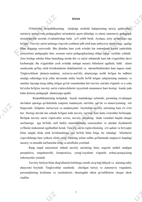 a vositalari haqida chuqur ma'lumotga ega bo'lishi, turli badiiy materiallarning xususiyatlari va ulardan foydalanish yo'llarini mukammal egallashlari kerak. tasviriy san'at o'qituvchisining o'zi qalam va bo'yoqlar bilan rangda ifoda etish ko'nikmalariga ega bo'lish bilan birga, bu sohadagi bilimlarini o'quvchilariga ham yetkaza olishi zarur. shuning uchun ushbu qo'llanmada rangtasvir haqidagi nazariy va metodik ma'lumotlar keng va atroflicha yoritiladi. rang orqali natyurmort ishlash tasviriy san'atning ilmiy negizini tashkil etadigan perspektiva, rangshunoslik, kompozisiya, yorug'-soyalarni o'rganish uchun,ayniqsa,keng imkoniyatlar yaratadi. tasviriy faoliyat bilan shug'ullanish kishilarga estetik zavq bag'ishlaydi va ularning ruhiy dunyosini boyitadi. tinglovchilar suratlarda chizilgan tarixiy va zamonaviy voqealarni, personajlarning kechinma va xarakatlarini, shuningdek tabiat go'zalliklarini chuqur idrok etadilar. tasviriy san'atning tarbiyaviy ahamiyati. tasviriy san'at juda qadim zamonlarda, mehnat jarayonining taraqqiyoti natijasida paydo bo'ldi. mehnat jarayonida inson tafakkuri kamol topdi, go'zallik hissi ortdi, voqelikdagi go'zallik, qulaylik va foydalilik tushunchalari kengaydi. sinfiy jamiyat vujudga kelishi bilan esa ijtimoiy taraqqiyotda katta o'zgarishlar sodir bo'ldi; aqliy mehnat jismoniy …