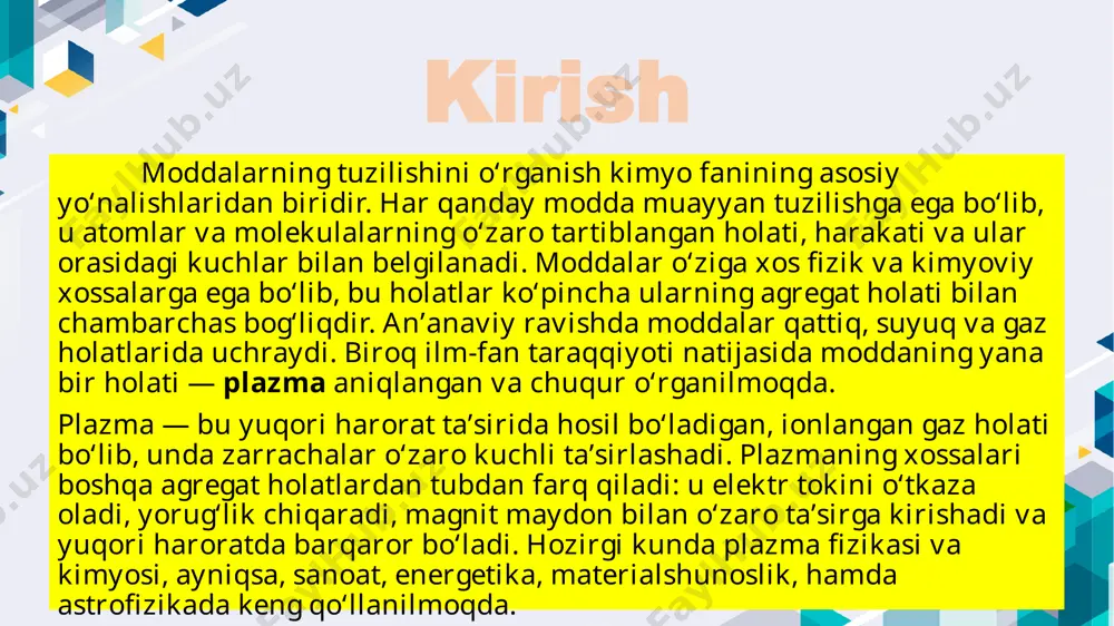 i tortishish kuchi orqali yuzaga keladi. masalan: mis, temir, alyuminiy kabi metallarning mustahkam tuzilmasi. kristall panjaralar va ular turlari kristall panjara – zarrachalarning muayyan geometrik tartibda takrorlanib joylashuvi. bu tartib qattiq holatdagi moddalarga xos. kristall panjara turlari: atomli panjara har bir atom kovalent bog‘ orqali bog‘langan. misol: olmos (c), grafit juda mustahkam, erish harorati yuqori. ionli panjara ijobiy va salbiy ionlar elektrostatik kuch bilan bog‘langan. misol: nacl, mgo qattiq, mo‘rt, suvda yaxshi eriydi. molekulyar panjara molekulalar orasida van-der-vaals kuchlar ishlaydi. misol: quruq muz (co₂), i₂ yumshoq, oson bug‘lanadi. metall panjara metall ionlari va erkin elektronlar. misol: cu, fe, zn elektr va issiqlikni yaxshi o‘tkazadi. 3. gazlar nazariyasi va ularning kimyoviy xossalari ideal gazlar ideal gaz – bu nazariy model bo‘lib, unda molekulalar orasidagi tortishish kuchi va molekulalarning o‘z hajmi hisobga olinmaydi. ideal gaz qonuni (boyl–mariott–sharl qonuni): pv=nrt bu yerda: p – bosim (pa) v – hajm (m³) n – modda …