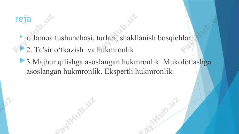 yat yurita olishi uchun zarurdir. rasmiy tuzilma - odamlar tashkilotning asosiy vazifalariga nisbatan bajaradigan rollari va vazifalarning tizimidir. tuzilmaning rivojlanishida tashkilotlarga berilgan hokimiyat vakolatlarining roli juda beqiyosdir. quyidagilar uning asosiy elementlaridir: mehnat taqsimoti (gorizontal ixtisoslashish tizimi); lavozimlarning vertikal bo‘yicha subordinatsiyasi; kommunikatsiyalar tizimi. tashkilotlarda norasmiy jamoalar — kishilarning ma’lum maqsadlarga erishish uchun muntazam ravishda o‘zaro hamkorlik qiluvchi spontan ravishda (tashqi ta’sir emas, ichki ta’sir natijasida) vujudga keladigan guruhlari mavjud bo‘ladi. bu maqsadlar norasmiy tashkilotlarni mavjud bo'lishining asosiy sababidir. buning ustiga yirik tashkilotlarda bir emas, birnecha norasmiy tashkilotlar mavjud. tashkilotlarda norasmiy jamoalar — kishilarningma’lum maqsadlarga erishish uchun muntazam ravishda o‘zaro hamkorlik qiluvchi spontan ravishda (tashqi ta’sir emas, ichki ta’sir natijasida) vujudga keladigan guruhlari mavjud bo‘ladi.bu maqsadlar norasmiy tashkilotlarni mavjud bo'lishining asosiy sababidir. buning ustiga yirik tashkilotlarda bir emas, bir necha norasmiy tashkilotlar mavjud. tashkilotda norasmiy guruhlar paydo bo’lishining asosiy sabablari: sotsial-ijtimoiy ehtiyojlarning qondirilmasligi; o’zaro yordamga muhtojlik; o’zaro himoyaga muhtojlik; muloqot va simpatiya; …