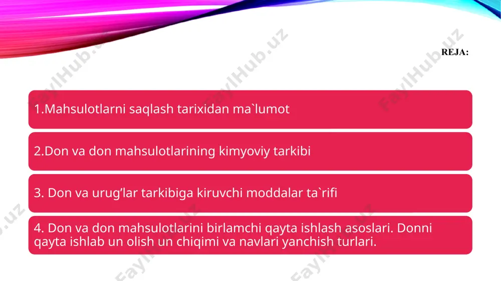 vkazda) tayyorlashgan. keyinchalik esa turli aralashmalardan foydalanib non tayyorlashga utildi. donni yanchishda ikkita yassi toshdan foydalanishdi. sung turli moslamali xovoncha yoki uriglarni ishlatishdi. biroz vakt utgach, kul kuchi yer­damida xarakatga «keluvchi tegimonchalar (jernova) yuzaga keldi. bu ogir mexnat kullar tomonidan bajarilgan. kul kuchi yerdamida ishlatiladigan tegirmonlar xozirgi kungacha ba`zi davlatlarda kullanilib kelinadi. tegirmon tuzilishi mukammallashib borgan sari un ishlab chiqarish jarayoni takomillashdi. don kayta ishlashdan oldin turli aralashmalardan tozalangan, nam bulsa kuritilgan. sifatli un olish maqsadida elak ishlatish yulga kuyilgan. don yanchishi rivojlanishining keyingi boskichida yuqori navli un olish talabi kuchayishi munosabati bilan bugdoy donini bir necha marta kayta yanchish qullanila boshlandi. bunga hozirgi davrda xam amal kilinmokda. ma`lumki, feodal jamiyatida ishlab chikarish, jumladan un sanoati sust rivojlandi. agar un ishlab chiqarish korxonalari boshqa davlatlarda xix asr boshlari va ikkinchi yarmida ishga tushgan bulsa, uzbekistonda bunday korxonalardan birinchisi toshkent shaxrida 1910 yildan boshlab faoliyat kursatdi. bu korxona xozirgi kunda yirik …