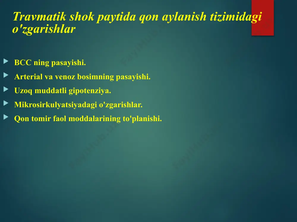 siqilish sindromi 1. engil daraja - bir a'zoning yoki uning bir qismini 4 soatdan kamroq vaqt davomida siqish 2. o'rtacha zo'ravonlik - 1 oyoq-qo'lning 6 soatgacha bo'lgan siqilishi 3. og'ir - bir oyoq-qo'lning 6 soatdan ortiq yoki 2 a'zoning 6 soatgacha siqilishi 4. o'ta og'ir - 2 oyoq-qo'lning 6 soatdan ortiq siqilishi xulosa: 1. har qanday etiologiyaning travmatik shoki urush davrida o'limning asosiy sababidir. 2. birinchi va malakali tibbiy yordam ko'rsatish bosqichida travmatik shok va cho'zilgan ezilish sindromini o'z vaqtida tashxislash va davolash jarohatlarda o'limni kamaytirishning asosiy omillari hisoblanadi. /docprops/thumbnail.jpeg