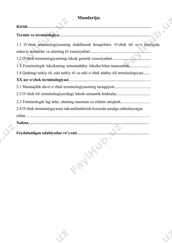holda o‘zbek terminologiyasi sohasining predmeti, maqsadi va vazifasini yoritish, fan doirasida o‘rganiladigan bosh masalalarning mazmun-mundarijasini belgilash, talabalarda terminologiyaning maxsus ilmiy-texnikaviy ma’nolarni ifodalovchi termin yoki so‘z birikmalari tizimi, uning muayyan adabiy til so‘z boyligida albatta mavjudligi, leksikaning ajralmas bir qismi ekanligi, terminlar bilan leksika orasida farq borligi xususida bilim va ko‘nikmalar hosil qilish, terminlar shakllanishida intralingvistik va ekstralingvistik omillarning roli, terminlarning struktur- grammatik qurilishi qatlamlari, hosil bo‘lish yo‘llari, terminlar tarkibidagi leksik-semantik jarayonlar, terminlarni tartibga solish, muvofiqlashtirish, terminologik tadqiqotlar, terminologik lug‘atlar borasida ma’lumot berish muhim vazifalardan hisoblanadi. fanning maqsad va vazifalari. “alisher navoiy nomidagi toshkent davlat o‘zbek tili va adabiyoti universitetini tashkil etish to‘g‘risida”gi farmonda ta’kidlanganidek: “eng avvalo, ona tilimizning qo‘llanish doirasini kengaytirish, uning tarixiy ildizlarini chuqur o‘rganish va ilmiy asosda har tomonlama rivojlantirish bugungi kunda o‘ta dolzarb masalaga aylanmoqda. bu haqda gapirganda, birinchi navbatda, fundamental fanlar, zamonaviy axborot va kommunikatsiya texnologiyalari, sanoat, bank-moliya tizimi, yurisprudensiya, diplomatiya, harbiy ish va shu kabi …