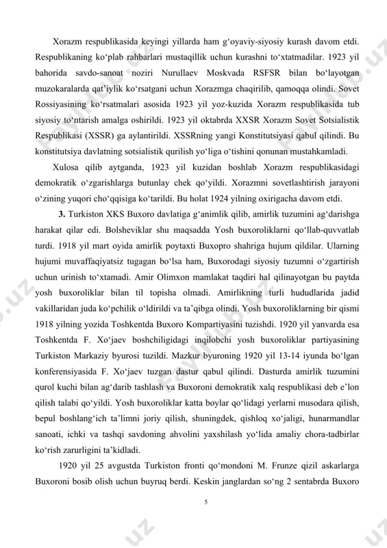 i. 3. turkiston xks buxoro davlatiga g‘animlik qilib, amirlik tuzumini ag‘darishga harakat qilar edi. bolsheviklar shu maqsadda yosh buxoroliklarni qo‘llab-quvvatlab turdi. 1918 yil mart oyida amirlik poytaxti buxopro shahriga hujum qildilar. ularning hujumi muvaffaqiyatsiz tugagan bo‘lsa ham, buxorodagi siyosiy tuzumni o‘zgartirish uchun urinish to‘xtamadi. amir olimxon mamlakat taqdiri hal qilinayotgan bu paytda yosh buxoroliklar bilan til topisha olmadi. amirlikning turli hududlarida jadid vakillaridan juda ko‘pchilik o‘ldirildi va ta’qibga olindi. yosh buxoroliklarning bir qismi 1918 yilning yozida toshkentda buxoro kompartiyasini tuzishdi. 1920 yil yanvarda esa toshkentda f. xo‘jaev boshchiligidagi inqilobchi yosh buxoroliklar partiyasining turkiston markaziy byurosi tuzildi. mazkur byuroning 1920 yil 13-14 iyunda bo‘lgan konferensiyasida f. xo‘jaev tuzgan dastur qabul qilindi. dasturda amirlik tuzumini qurol kuchi bilan ag‘darib tashlash va buxoroni demokratik xalq respublikasi deb e’lon qilish talabi qo‘yildi. yosh buxoroliklar katta boylar qo‘lidagi yerlarni musodara qilish, bepul boshlang‘ich ta’limni joriy qilish, shuningdek, qishloq xo‘jaligi, hunarmandlar sanoati, ichki va tashqi savdoning …