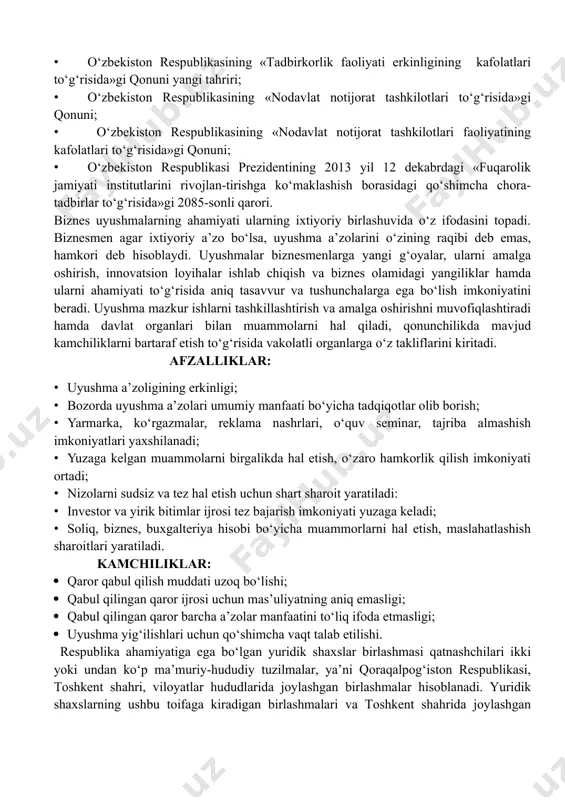 di. kontsern a’zolari boshqa uyushmalarga a’zo bo‘lishi mumkin emas. kontsern faoliyatiga umumiy rahbarlik, moliyaviy va iqtisodiy masalalar bo‘yicha qaror qabul qilish hamda kontsern faoliyatini nazorat qilish hay’at tomonidan amalga oshiriladi. kontsern tezkor faoliyati direktorlar kengashi tomonidan boshqariladi. xo‘jalik birlashmasi-korxonalarning ishlab chiqarishni muvofiqlashtirish, xo‘jalik faoliyati ixtisoslashuvni chuqurlashtirish va moliyaviy-iqtisodiy munosabatlarni rivojlantirish hamda moddiy resurslar bilan ta’minlashni samarali tashkil etish maqsadlarida tashkil etiladigan shartnomaviy birlashmadir. birlashmada ishtirok etuvchi korxonalarga nisbatan qattiq cheklovlar qo‘yilmaydi, shartnoma ishtirokchilari boshqa uyushmalarga ixtiyoriy ravishda, birlashma roziligisiz a’zo bo‘lishi mumkin. konsortsium – iqtisodiy mustaqil firmalarning vaqtinchalik birlashmasi hisoblanadi. konsortsium katta buyurtmalar olish va ular ijrosini birgalikda ta’minlash maqsadlarida kelishuv asosida tashkil etiladi. konsortsium faoliyati ular a’zolaridan hissa oluvchi korxona tomonidan muvofiqlashtiriladi. faoliyat natijasi bo‘yicha konsortsium a’zolari buyurtmachi oldida solidar tartibda javobgar bo‘ladi, odatda, konsortsiumning har bir a’zosi buyurtma miqdorining 8-10 foiz ulushi darajasida javobgar hisoblanadi. ushbu miqdordan oshgan zarar esa barcha a’zolar o‘rtasida ishtirokchilar ulushiga mutanosib ravishda taqsimlanadi. …