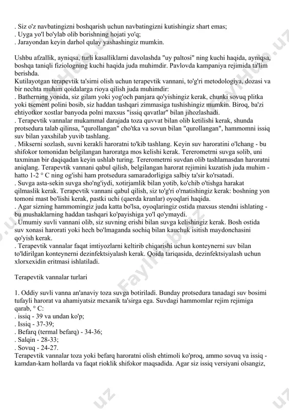 ish uchun yoqimli dam olish uchun yoqimli dam olish uchun yoqimli dam olish uchun yoqimli dam olish uchun yoqimli dam olish. bunday suv protseduralari, ayniqsa, sanatoriy-kurortni davolashning bir qismi sifatida ko'pincha qo'llaniladi. ammo terapevtik vannalarni olish uchun kurortga borish yoki tibbiy-profilaktika institutiga borish shart emas - ularni uyda muvaffaqiyatli tashkil etish kerak. terapevtik vannani qabul qilish qoidalari ta'sir qilish sohasi quyidagi navlarning terapevtik vannalari bilan ajralib turadi: . umumiy; . mahalliy mahalliy; . yarim silliq. mahalliy, o'z navbatida, o'tirish, oyoq va qo'lli hammomlarga bo'linadi. hech narsa uyda yuqorida keltirilgan vannalarni sanatoriy-kurortni qayta ishlashni kutmasdan uyda hech narsa to'sqinlik qiladi. uydagi terapevtik vannalar, texnik va dozaga ko'ra, ular shifokorning guvohliklarini o'rab olish kerak. terapevtik va profilaktika muassasalari tomonidan nazarda tutilgan sharoitlardan farqli o'laroq, uyda hammomlarni qabul qilish bir qator muhim afzalliklarga ega: . klinikaga borishning hojati yo'q; . siz o'z navbatingizni boshqarish uchun navbatingizni kutishingiz shart emas; . uyga yo'l bo'ylab …