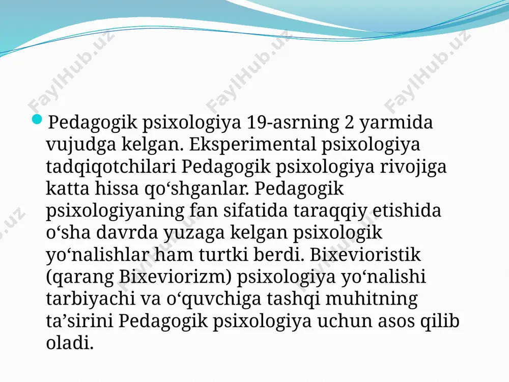 odisalarni sezgipredmet faoliyati bilan tadqiq qilish, o’rganish. 7) ... umumiy psixologiya, ijtim oiy psixologiya, patopsixologiya va defektologiyada keng qo’llaniladi. 8) ... –(yun. “metodos” – bilish yoki tadqiqot yo’li, nazariya, ta’limot) – vo-qelikni amaliy va nazariy egallash, o’zlashtirish, o’rganish, bilish uchun yo’lyo’ riklar, usullar majmuasi, falsaffy bilimlarni yaratish 9) ... – ta’lim va tarbiya muammolarini tadqiq qiladigan psixologiya sohasi. u shaxsning maqsadga muvofiq rivojlanishini, bilish faoliyatining va insonda ijtimoiy ijobiy sifatlarni tarbiyalashning psixologik muammolarini o’rganadi. e’tiboringiz uchun rahmat! image2.jpeg /docprops/thumbnail.jpeg