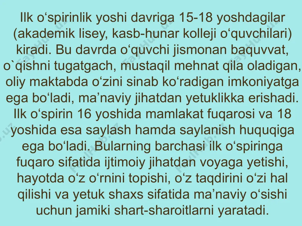 a tabiat hodisalariga romantik munosabatda bo‘lish bilan boshqa yosh davrlaridan keskin farqlanadi. ilk o‘spirinning psixik rivojlanishini harakatga keltiruvchi kuch jamoat tashkilotlari, o‘quv jamoasi, ta’lim jarayoni qo‘yadigan talablar darajasining oshishi bilan u erishgan psixik kamolot o‘rtasidagi ziddiyatdan iboratdir. turli qarama-qarshiliklar, ziddiyatlar ilk o‘spirinning axloqiy, aqliy, nafosat jihatdan tez o‘sishi orqali bartaraf qilinadi. ilk o‘spirinlik davri «kamolot bo‘sag‘asi» deb ta’riflanadi. bu kamolot bosqichi fiziologik, psixologik va ijtimoiy chegaralarni o‘z ichiga oladi. psixologiya fani o‘spirinlik muammosini kompleks o‘rganishni da’vat etadi. bu juda qiyin masala, chunki psixofiziologik taraqqiyot sur’ati bilan uning bosqichlari ijtimoiy yetilish muddati bilan hamma vaqt ham to‘g‘ri kelavermaydi akselerasiya natijasida bugungi bolalarimizning taraqqiyoti avvalgi avlodlarga nisbatan o‘rtacha ikki-uch yil avval yetilmokda. fiziologlar bu jarayonni 2-darajali jinsiy belgilarning paydo bo‘lishiga qarab, 3 ta bosqichga ajratadilar: i bosqich - prepubertat; ii bosqich - pubertat; iii bosqich - postpubertat, pubertat davr (lotincha: pubertas — boʻyiga yetish, jinsiy yetilish) pubertat – balog‘atga yetish davrini 12-17 …