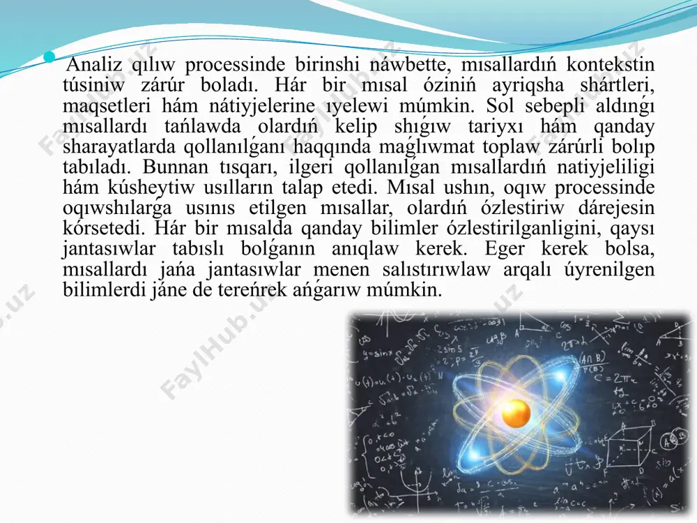 nisler, vektorlar hám teńlemeler bar. sanlar matematikada hár bir zattıń tiykarǵı ańlatpası bolıp tabıladı. olar pútkil, bólim, unamlı hám unamsız sıyaqlı túrlerge bólinedi. mısalı, 1, 2, 3,-1, 0. 5 sıyaqlı sanlar sanlar kompleksin quraydı. funkciyalar bolsa hár bir san ushın basqa bir sannı belgileytuǵın qaǵıydalardı ańlatadı. funkciyalar mısalında f (x) = x^2 kórsetiliwi múmkin, bul funksiya hár bir x ma`nisine kvadratın qaytaradı. geometriyalıq túsinikler de matematikada zárúrli orın tutadı. olar sızılmalar hám sırtqı kórinisler arqalı tiykarǵı ayrıqshalıqlardı úyreniwimizge járdem beredi. mısalı, kvadrat, tuwrı tórtmuyush hám sheńber sıyaqlı sırtqı kórinisler uyreniledi. olardıń maydanı hám perimetrin esaplaw formulaları, mısalı, kvadrat ushın maydanı s = a^2 formulasınan paydalanıw múmkin. vektorlar bolsa úsh ólshewli keńislik jónelis hám uzınlıqtı ańlatadı. olar kóplegen injenerlik hám fizikadagi máselelerde qollanıladı. juwmaq etip aytqanda, matematikalıq túsinikler turmısımızdıń hár bir tarawına tásir kórsetedi. olar tekǵana teoriyalıq bilimler, bálki ámeliy qóllanbalardı óz ishine alǵan halda, bizge mashqalalardi sheshiwde járdem beredi. matematikalıq …