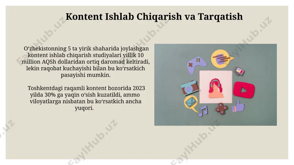 022 yilga nisbatan 2023 yilda 30% ga oshdi, bu ijtimoiy tarmoqlar bozoridagi keskin raqobatni ko‘rsatadi. auditoriya e'tiborini jalb qilish oʻzbekiston bozorida 2023-yilda 50 million dan ortiq internet foydalanuvchisi boʻlib, ularning 70% dan ortigʻi ijtimoiy tarmoqlar orqali maʼlumot oladi, shuning uchun auditoriya eʼtiborini jalb qilish uchun samarali smm strategiyasi muhim ahamiyat kasb etadi. toshkentdagi tadqiqotlar shuni koʻrsatdiki, qisqa, aniq va vizual jihatdan jozibador kontent (masalan, 15 soniyali videolar) auditoriyaning 85% gacha eʼtiborini jalb qilish imkoniyatiga ega. onlayn va offlayn media raqobati samarqand viloyatida o'tkazilgan tadqiqotlar shuni ko'rsatdiki, 30 yoshgacha bo'lgan yoshlar orasida onlayn yangiliklar manbalariga bo'lgan qiziqish 70% ni tashkil etadi, bu offlayn media vositalarining ahamiyatini pasaytiradi. o'zbekistondagi onlayn media bozorining 2023 yilgi hisobotlariga ko'ra, 5 millionga yaqin faol foydalanuvchi onlayn yangiliklar manbalaridan foydalanmoqda, bu esa offlayn matbuotning ta'sirini sezilarli darajada kamaytirmoqda. kelajakdagi tendentsiyalar va tahlillar jahon media maydonida 2025-yilga kelib, sun'iy intellekt yordamida ishlaydigan yangiliklar generatorlarining soni 50% ga oshishi …