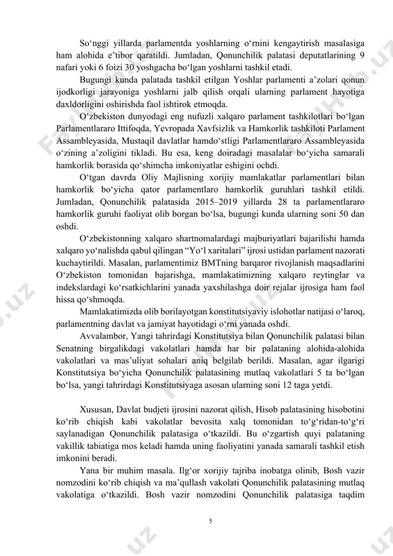 ish, davlat dasturlarida belgilangan vazifalarning o‘z vaqtida bajarilishi ustidan nazoratni kuchaytirish hamda deputatlik korpusining islohotlar jarayonida faol ishtirokini ta’minlash yo‘lidagi muhim qadam bo‘ldi. hukumat a’zolarining deputatlar savollariga javoblarini eshitish – “hukumat soati” instituti amaliyotga samarali joriy etildi. mazkur institut parlament nazorati faoliyatiga yangicha ruh olib kirdi. bugungi kunda aholini tashvishga solib kelayotgan hayotiy dolzarb muammolarga aynan “hukumat soati” tadbirlarida yechim topilmoqda. ilk bor o‘zbekiston respublikasining davlat budjeti qonun shaklida qabul qilindi. o‘z navbatida, budjet ijrosi ustidan nazorat ham endilikda vazirlik va sohalar kesimida manzilli olib borilmoqda. bugungi kunda nafaqat hukumat faoliyatini nazorat qilish, balki, hukumat a’zoligiga nomzodlarni qonunchilik palatasi tomonidan ko‘rib chiqish va ma’qullash amaliyoti joriy etildi. bu esa hukumat tarkibini shakllantirishda xalq vakillarining bevosita ishtirokini ta’minlamoqda hamda ularning fikri va ovozi asosida muayyan bir vazir yoki boshqa hukumat a’zosini lavozimga qo‘yish amalga oshirilmoqda. qolaversa, vazirlar mahkamasining oliy majlisdagi vakolatli vakili lavozimi joriy etildi. o‘tgan davrda aholi bilan doimiy muloqot …