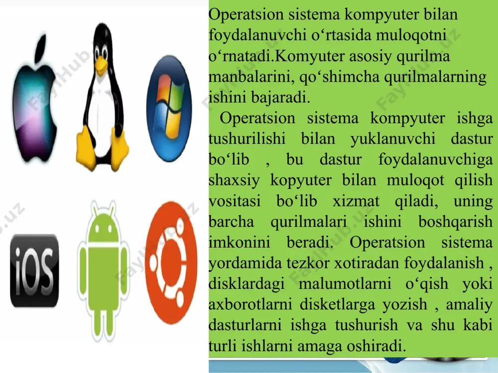 iaturadan, sichqonchadan buyruqlarni o‘qish, axborotni ekranga, printerga chiqarish va h.k.) operatsion tizimning vazifasi operatsion tizimning vazifasi ot tarixi shaxsiy kompyuterlarning operatsion sistemalari yaratilish tarixiga nazar solsak, sakkiz razryadli shaxsiy kompyuterlar uchun yaratilgan birinchi operatsion sistema cp/m – 80 (controll programm for microcomputers, ya’ni mikrokompyuterlar uchun boshqaruvchi dasturlar) nom bilan tanilgan. uning muallifi digital research kompaniyasining prezidenti geri kildell bo’lgan. ot tarixi 16 razryadli kompyuterlar uchun operatsion sistemalar yaratish jadallashdi va 1981 – yilda shaxsiy kompyuterlar uchun birinchi yaratilgan cr/m operatsion sistemasining ko’p g’oyalarini o’zida mujassamlashtirgan ms dos (microsoft disk operation system) operatsion sistemasi paydo bo’ldi. ot tarixi 1987 yili ibm va microsoft firmasi tomonidan bir vaqtda bir necha masalalar yechishga qodir bo’lgan os/2 operatsion sistemasi ishlab chiqildi. ammo u keng tarqalmadi. chunki o’sha paytda ms dos 3.3 ning imkoniyatlari ko’pchilikni qoniqtirar edi. ms-dos operatsion (amaliy) tizimi. microsoft korporatsiyasi tomonidan taklif qilingan operatsion tizim. ms-dos ning birinchi rusumi 1981 yilda paydo …