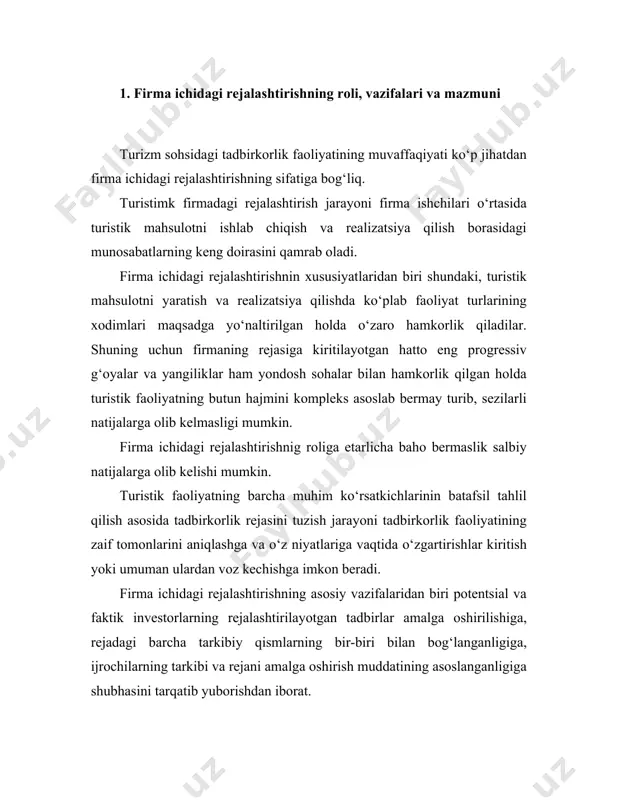 ri turistik firmaning tadbirkorlik reasi doimiy amal qiluvchi hujjat bo‘lib, uni amalga oshirish jarayonida yuzaga kelgan ob’ektiv sharoitlardan kelib chiqib, unga tuzatishlar kiritilish mumkin. rejalarni bajarish muddatlari yarim yil, bir yil, 3-5 yil va undan ko‘proqni tashkil qiladi. yillik rejani oylar bo‘yicha va choraklar bo‘yicha rejalashtirish tavsiya qilinadi. turistik firmaning yuridik maqomi, faoliyatining xususiyati, xizmatlar, mehnat bozorining holati, davlat tomonidan yordam mavjudligi va uning hajmidan kelib chiqib, turistik firmani rejalashtirishning strategik kontseptsiyasi iqtisodiy, firmaga oid va ijtimoiy maqsadlarni o‘z ichiga olishi kerak. rejalashtirilayotgan natijalarga erishish uchta asosiy omillar bilan belgilanadi: tanlangan strategiya, tashkiliy struktura va uning faoliyat ko‘rsatishining usullari. strategiya – maqsadlarga erishish vositasi, eng ko‘p foyda olish uchun resurslardan qanday foydalanish zarurligi kontseptsiyasidir. u operativ maqsadlar – ishlab chiqarish operatsiyalarini joriy rejalashtirish, narxlarni shakllantirish, reklama loyihalarini, tadqiqot ishlarini amalga oshirishni ham nazarda tutadi. strategiya moslashuvchanlik elementlarini ham o‘z ichiga olishi kerak, ya’ni mahsulot eskirsa, texnologiyalar o‘zgarsa, ijtimoiy va huquqiy …