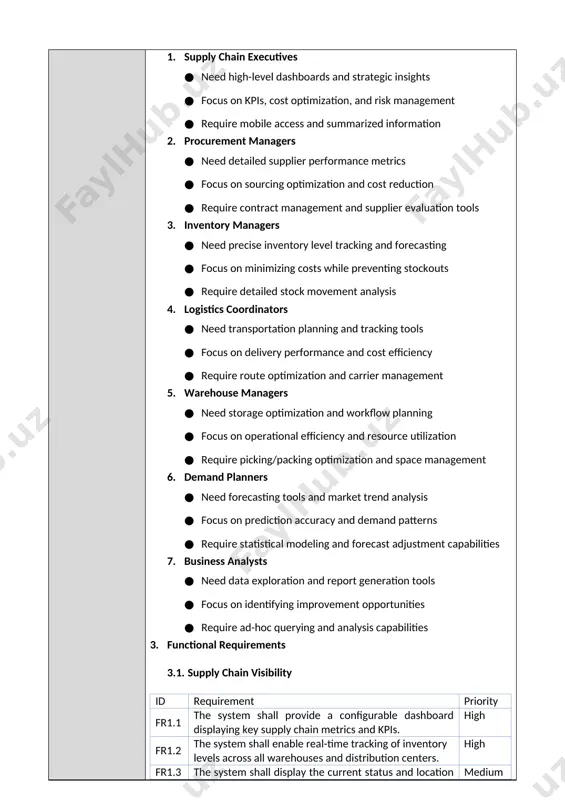 rements 3.1. supply chain visibility id requirement priority fr1.1 the system shall provide a configurable dashboard displaying key supply chain metrics and kpis. high fr1.2 the system shall enable real-time tracking of inventory levels across all warehouses and distribution centers. high fr1.3 the system shall display the current status and location of shipments on interactive maps medium fr1.4 the system shall generate alerts when kpis deviate from acceptable thresholds. high fr1.5 the system shall maintain an audit trail of all supply chain events and transactions. medium fr1.6 the system shall provide drill-down capabilities from summary data to detailed transaction-level information. medium fr1.7 the system shall visualize supply chain network and material flows. low 3.2. demand forecasting and planning id requirement priority fr2.1 the system shall generate demand forecasts using machine learning models trained on historical data. high fr2.2 the system shall incorporate external factors (e.g., market trends, weather, events) into …
