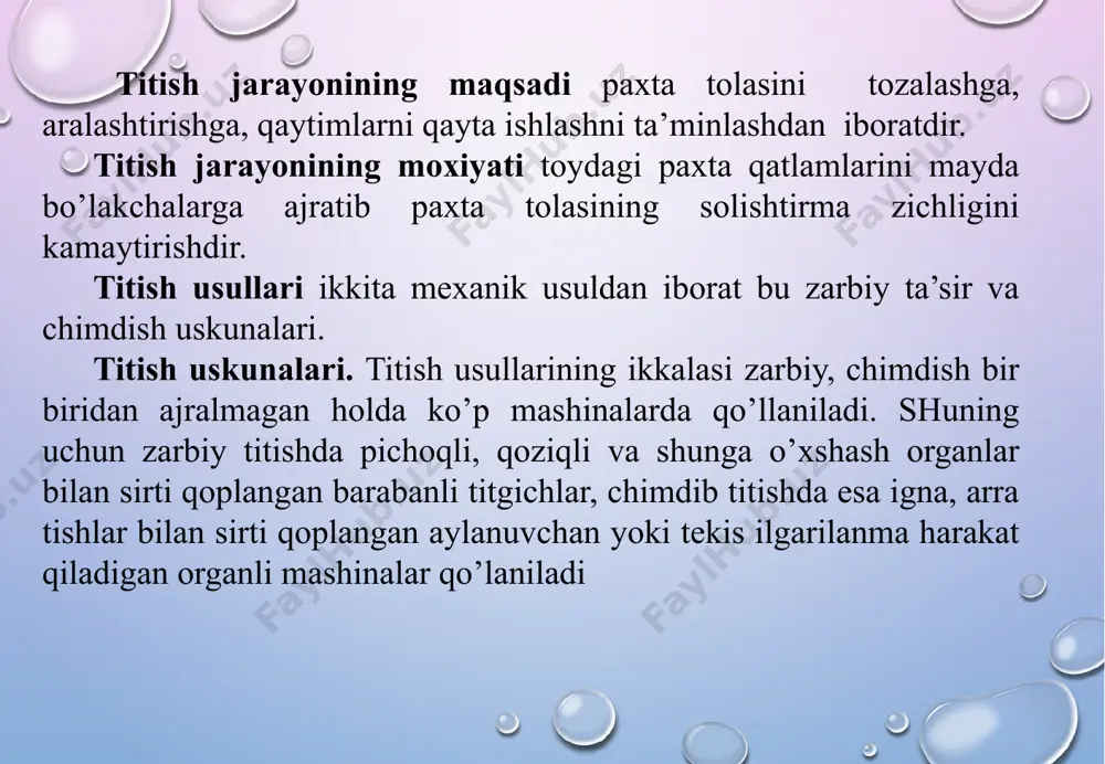 p olishdir. qayta tarash jarayonining mohiyati esa tolalar tutamini taroqlar yordamida dastlab old uchlarini so’ngra orqa uchlarini tarab, ignalar yordamida alohida-alohida tolalarga to’la ajratib, ularni parallel joylashtirib tekislashdan, kalta tolalar va nuqsonlarni tamomila tarab ajratishdan iboratdir. qayta tarash mashinasi rusumiga qarab bir vaqtning o’zida 4 ta, 6 ta, 8 ta yoki 12 ta xolstchaga ishlov berib, ulardan bitta yoki ikkita pilta shakllantiradi. 1-yumalatuvchi valiklar, 2-ta’minlovchi silindrlar, 3-ustki qisqich, 4-ustki taroq, 5-ajratuvchi valiklar, 6-pilta shakllantiruvchi zichlagich, 7-jipslovchi vallar, 8-pilta yo’naltirgich, 9-pilta qo’shish stoli, 10-ajratuvchi silindrlar, 11-tozalovchi shchyotka, 12-perfo baraban, 13-taroqli segment, 14-taroqli baraban vali, 15-pastki qisqich qayta tarash mashinasida bir sikl 4 davrdan iborat bo’lib, har bir davrning amalga oshish vaqti mashina rusumiga bog’liqdir. davrlarning har birida bajariladigan jarayonlar turlicha bo’lishi yoki bir biriga o’xshashligi bilan mashinalarning ishida umumiylikni va xususiylikni farqlash mumkin. bu mashina turiga, rusumiga bog’liq. birinchi davr – tolalar tutamining old uchlari taraladi. ikkinchi davr – taralgan tolalar …