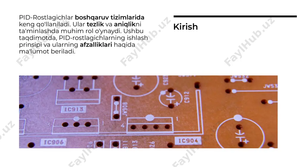 sa ularni juda mashhur qiladi. qo'llanilish sohalari pid rostlagichlar, tezkori va aniqlikni ta'minlashda muhim vositadir. ularning ishlash prinsipi, tizimlarni samarali boshqarish uchun juda muhimdir. ushbu taqdimotda, pid nazorat usulining asosiy jihatlari ko'rib chiqildi. xulosa