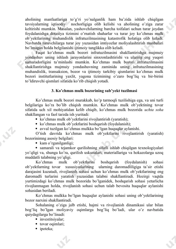 ации. – спб.: лениздат, 1996. с. 53.] [7: коуз р. фирма, рынок и право. – м., 1993. с. 59.] asosiy vazifalari: 1. axborot izlash bosqichlarida (muzokara olib borish, qaror qabul qilish, ishtirokchilar harakatlarini muvofiqlashtirish, huquqlarni nazorat qilish va buzilgan huquqlarni tiklash, buzuvchilarga jazolarni qo’llash) operasiyalar (transaksiyalar) o’tkazish harakatlarini minimallashtiruvchi ko’chmas mulk bozori ishtirokchilarining o’zaro munosabatlari kasbiy me’yorlari va standartlarini shakllantirish. bu vazifalarni agentliklar rahbarlari, menedjerlar, psixologlar, jamoat birlashmalarining maxsus bo’linmalari, kasbiy ta’lim tizimlarining bo’linmalari va tashkilotlari. 2. ko’chmas mulk bozori ishtirokchilarining harakatlarini muvofiqlashtirish, izlanishlar va tahlillar, ko’chmas mulk bozorida tadqiqot va tahlil, nazorat va tartibga solishni ta’minlaydigan ko’chmas mulk bozorining infratuzilmasi institutini yaratish. 3. ko’chmas mulk bozori ishtirokchilarining o’zaro munosabatlari kasbiy me’yorlari va standartlarini rasmiy ta’riflash va ularni kasbiy muhitda ko’paytirib tarqatish. metodologik yondashuv nuqtai nazaridan ko’chmas mulk bozorining infratuzilmasi – iqtisodiy tizim sifatida ko’chmas mulk ob’yektlarining foydali xususiyatlarini yaratilishi va iste’moli jarayonlarining amalga oshuvidagi tub asosiy bozor tamoyillarini qo’llab-quvvatlaydigan …