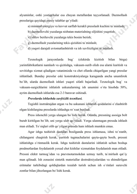 n binolarda havo kirituvchi-suruvchi ventilyatsiya o`rnatilgan bo`lishi kerak. 13.3. pgu-2, pp-2 (rossiya) dazmollash presslari. bu presslar tikuvchilik buyumlarini jarayonlar ichidagi va uzil-kesil nam-issiqlik bilan ishlov berishga muljallangan bo`lib, ularni gorkiy (rossiya) yengil mashinasozlik zavodi ishlab chiqaradi. pgu-2 pressi - gidravlik universal, ppu-2 esa - pnevmatik universal. ularning maksimal presslash kuchi 20 kn. ustki yostiqchasining qizish temperaturasi (tenlar yordamida) 100 dan 200 s gacha, ostki yostiqchasining (bug` bilan) qizish temperaturasi esa 80 dan 110 s gacha rostlanadi. avtomatik ish davrining (bug`lash, presslash va surib olish) davomiyligi 0 dan 90 s gacha. ikkala press ham markazlashgan bug` tarmog`iga va vakuum tarmog`iga, ppu-2 pressi esa, bundan tashqari, markazlashgan pnevmo-tarmoqqa ulanadi. presslar avtomatik rejimda, shuningdek kulda yoki oyokda boshqarib ham ishlatiladi. shu bilan birga qo`shimcha bug`lash, vakuum sistemani qo`shimcha ulash, presslash davomiyligini uzaytirish, vakuum sistemani uzish, ustki yostiqcha orkali qo`shimcha bug`lash ham mumkin. 13.4. ss-311, ss-313 (vengriya) presslari bu ikkala press ham elektromexanik yuritmali …