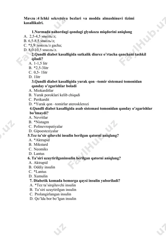 ik c.vannalar d.*xammajavobtugri 5.revmatoid artritda qaysi bo’g’imlar kuprokzararlanadi? a.*maydavaurta b.urtavayirik c.fakatyirik d.fakatmayda 6.bir nechta bo’g’imlarni zararlanishi nima deyiladi? a.monoartrit b.*poliartrit c.gemoartrit d.artroz 7.revmotoid artritda kuzatiladigan labarator o’zgarishlar nimalardan iborat? a.fermentlar oshadi b.*leykotsitlar soni kamayadi c.trombotsit kupayadi d.gemoglobin kamayadi 8.revmotoid artrit kasalligiga xos simptomni kursating a.kungilaynishi b.*bo’g’imlarda ogrik c.yutal d.bugilish 9.revmatoid artrit kasalligi uchun xos bulgan klinik belgi: a.bo’g’imning shishishi b.katta bo’g’imlarning zararlanishi c.*bo’g’imlarni qotib qolishi d.bemor yuzida kapalak nusxa bulishi 10.revmatoid artritdagi rentgenologik uzgarishlarni kursating: a.osteoxondroz b.*osteoporoz c.ankiloz d.shish 7mavzu: kasbga aloqador kasalliklar 1. pnevmakanioz qanday kasallik? a*kasb kasalligi. b.biliktiruvchi to‘qma kasalligi. с.qon sistemasi kasalligi. d.allergik kasallik. 1445. pnevmokanioz kasalligini keltirib chiqaruvchi sababni ko‘rsating. a.bakteriyalar. b*changlar. с.allergenlar. d.viruslar. 2. kasb kasalligini kelib chiqishiga olib keluvchi omillar. a. infeksiyalar. b.allergenlar. с.zararli omillar. d*ishlab chiqarishdagi noqulay omillar. 3. kasb kasalligini kelib chiqishiga olib keluvchi omillar. a.infeksiyalar. b.allergenlar. с.zararli odatlar. d*kimyoviy toksik moddalar. 4. kasb kasalligini kelib chiqishiga olib keluvchi omillar. a.infeksiyalar. b.allergenlar. …