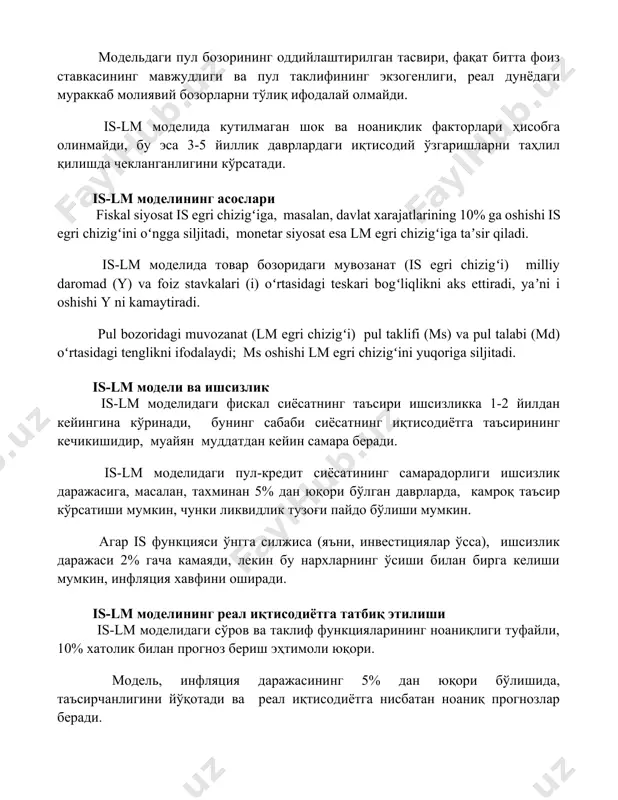 i hisobga olinmaydi, bu esa 3-5 yillik davrlardagi iqtisodiy o'zgarishlarni tahlil qilishda cheklanganligini ko'rsatadi. is-lm modelining asoslari fiskal siyosat is egri chizigʻiga, masalan, davlat xarajatlarining 10% ga oshishi is egri chizigʻini oʻngga siljitadi, monetar siyosat esa lm egri chizigʻiga taʼsir qiladi. is-lm modelida tovar bozoridagi muvozanat (is egri chizigʻi) milliy daromad (y) va foiz stavkalari (i) oʻrtasidagi teskari bogʻliqlikni aks ettiradi, yaʼni i oshishi y ni kamaytiradi. pul bozoridagi muvozanat (lm egri chizigʻi) pul taklifi (ms) va pul talabi (md) oʻrtasidagi tenglikni ifodalaydi; ms oshishi lm egri chizigʻini yuqoriga siljitadi. is-lm modeli va ishsizlik is-lm modelidagi fiskal siyosatning ta'siri ishsizlikka 1-2 yildan keyingina ko'rinadi, buning sababi siyosatning iqtisodiyotga ta'sirining kechikishidir, muayyan muddatdan keyin samara beradi. is-lm modelidagi pul-kredit siyosatining samaradorligi ishsizlik darajasiga, masalan, taxminan 5% dan yuqori bo'lgan davrlarda, kamroq ta'sir ko'rsatishi mumkin, chunki likvidlik tuzog'i paydo bo'lishi mumkin. agar is funktsiyasi o'ngga siljisa (ya'ni, investitsiyalar o'ssa), ishsizlik darajasi 2% …