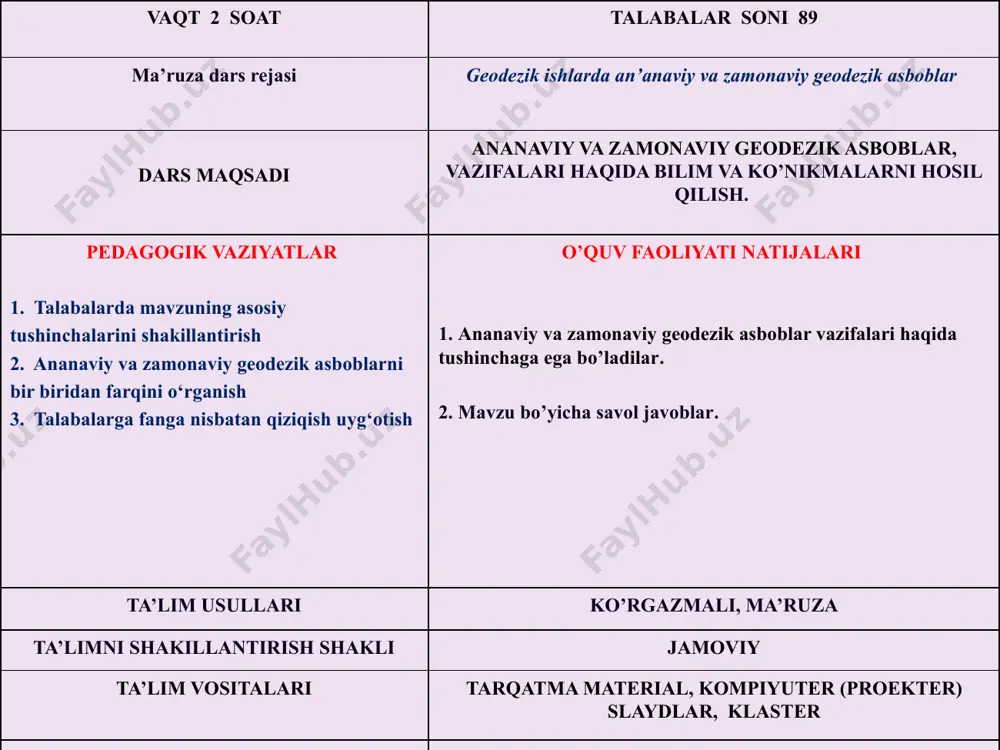 ash 32 lazerli nivelir yordamida tekislangan dala maydonida suv va boshqa ozuqa moddalarning bir hil taqsimlanishi natijasida hosildorlik oshadi. kutilgan natijalar 32 kanallarni geodezik kuzatish yuqori aniqlikli optik nivelirlar mikrometrli plastina yoki shtrixli invarli reyka bo`yicha o`lchamlarni olish uchun o`zgaruvchan nasadka o`rnatilgan bo`ladi. lazerli nivelirdan foydalanish oldingi nivelirlar bilan xozirgi zamonaviy lazerli nivelirlarning farqi shundaki, lazerli nivelir orqali o`lchamlarni bir kishining o`zi qo`shimcha yordamsiz o`lchay oladi. qurilishda lazerli nivelir lazerli nivelirlarning joylashtirilishiga qarab uni polga, devolga, shtativga va xattoki shiftga o`rnatish mumkin. ayrim holatlarda kerakli bo`lgan yo`nalish bo`yicha o`lchamlarni olish uchun yoningizda shtativ bo`lmasa, nivelir tagiga kitob, stul, quti va boshqa buyumlardan shtativ o`rniga foydalanish mumkin. lazerli nivelirlarning to`g`ri ishlatilish texnikasi trimble hv101 lazerli nivelir bu rasmlarda zamonaviy nivelirli reykalar turlari ko’rsatilgan. odatda nivelir reykalar yog’och yoki alyumindan tayyorlanadi. lazerli nivelirlarlarda foydalaniladigan nivelir reykalari. zamonaviy avtomatik sistemali taxeometrlar to‘g‘risida tushuncha elektron taxeometrlar. taxeometrik stansiyalar masofalarni va burchalarni o‘lchash qutbli s'yomka, …