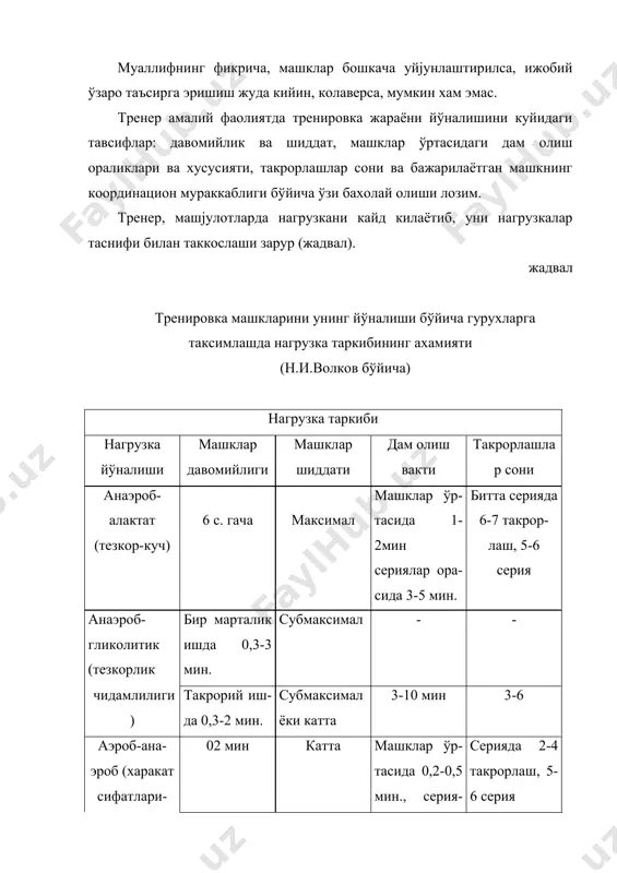 рор-лаш, 5-6 серия анаэроб- гликолитик (тезкорлик бир марталик ишда 0,3-3 мин. субмаксимал - - чидамлилиги) такрорий иш-да 0,3-2 мин. субмаксимал ёки катта 3-10 мин 3-6 аэроб-ана- эроб (харакат сифатлари-нинг хамма тури) 02 мин катта машклар ўр-тасида 0,2-0,5 мин., серия-лар орасида 3 мин гача серияда 2-4 такрорлаш, 5-6 серия 05,-1,5 мин. катта машклар ўр-тасида 0,5-1,5 мин., сери-лар орасида 6 мин гача бир марталик такрорий иш-да 10 ва ундан ортик 2-4 серияда 5-6 такрорлаш жадвал давоми 3-10 мин. катта чекланмаган, тўлик тикла-нишгача 2-6 30 мин. сустдан максималгача - - аэроб (умумий чидамлилик) 1-3 мин суст 0,5-1,5 мин. такрорий иш-да 10 ва ундан ортик, 2-8 серияда 5-8 3-10 мин суст чекланмаган, кайфиятига караб такро-рий иш 6-8 30 мин. ва ортик ўзгарувчан иш да кичикдан каттагача - - анаболик (куч ва чидамлилик) 1,5-2 мин. каттадан суб-максималгача 1,5-2 мин. 5-6 машкдан иборат серия, 3-4 марта так-рорланади охирги нафасгача катта 3-4 мин. 4-6 тренировка машклари йўналишини …