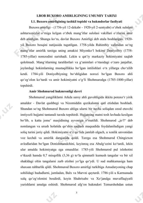 igi davri haydardan soʻng taxtga uning oʻgʻli nasrulla (1827-1860-yy.) oʻtirdi. unga hokimiyat sari yoʻl ochish maqsadida akalari husayn va umar oʻldirildi. armiya va ruxoniylarga suyangan nasrulla zodagonlarni jilovlash maqsadida feodal tarqoqlikka qarshi qatʼiy kurash olib bordi. hukmronligining birinchi oyida u har kuni 50-60 tadan kishini qatl qildi. nasrullo shu paytgacha amirlik tarkibiga faqat nomigagina kirgan viloyatlarni birlashtirishga erishdi. viloyatlarni boshqarishga oʻziga muteʼ boʻlgan „nasl-nasabsiz“ kishilarni tayinladi. nasrullo amirligi chogʻida xiva va qoʻqon xonliklari bilan marv, chorjoʻy, oʻratepa, xoʻjand kabi chegarada joylashgan alohida hududlar uchun boʻlgan tinimsiz urushlar davom etib turdi. shahrisabz va kitob hukmdorlarining qarshiligi, ayniqsa kuchli boʻldi. bir necha harbiy yurishlardan soʻng 1853-yilga kelib ular buxoroga boʻysindirildi. amirlik tarkibiga faqat zarafsxon daryosining oʻrta va quyi oqimidagi vohagina barqaror kirgan edi[footnoteref:2]. [2: "buxoro amirligi" oʻzme. b-harfi. birinchi jild. toshkent, 2000-yil] amir muzaffar (1860-1885) hukmronligi davri amir muzaffar 1860-yilning oktabr oyida amir nasrullo vafotidan sʻong taxtga ugli muzaffar chiqdi. muzaffarning hukmronlik …
