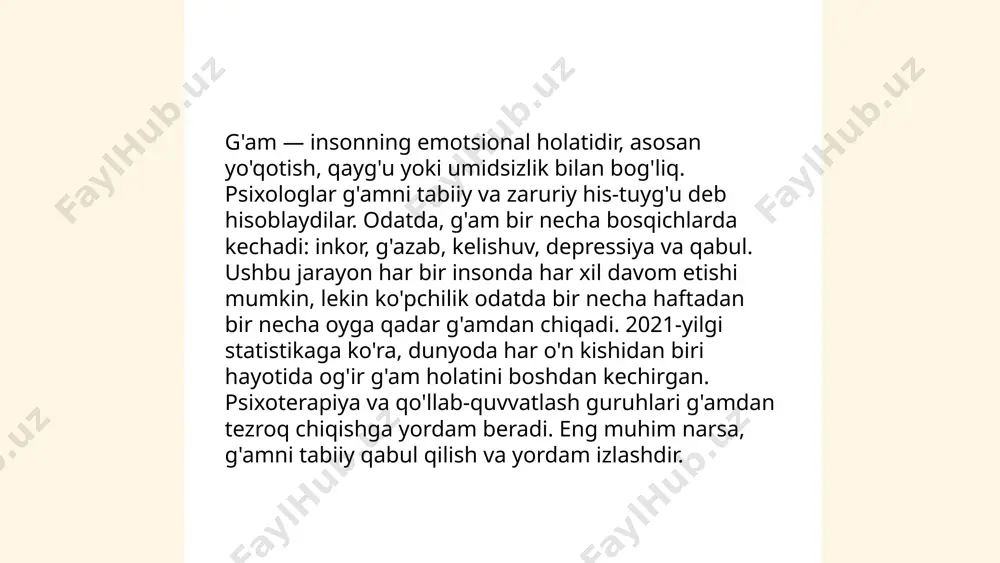 choqning ko'pgina sabablari bor: uyquning yetarli emasligi, noto'g'ri ovqatlanish, stress va surunkali kasalliklar. o'rtacha kattalar kuniga 7-9 soat uyqu olishi kerak. jismoniy faollik charchoqni kamaytirishga yordam berishi mumkin, chunki u qondagi endorfinlar miqdorini oshiradi. to'g'ri ovqatlanish, ya'ni yetarlicha uglevod, oqsil va yog' iste'mol qilish, organizmning quvvatli bo'lishiga hissa qo'shadi. agar charchoq uzilmasa, shifokorga murojaat qilish lozim. ... t.me/slaydai_bot 10. shodlik 10. shodlik mavzusi oʻzbekistonda oʻta muhim masalalardan biri. toshkent shahrida oʻtkazilgan soʻrovga koʻra, aholining 72% shodlik darajasini saqlash uchun oilaviy munosabatlar muhimligini ta'kidlagan. bundan tashqari, 58% respondentlar sogʻlom turmush tarzini shodlikning asosiy omili sifatida koʻrsatgan. yana 65% insonlar esa madaniy tadbirlar va jamoat tadbirlari shodlikni oshirishga yordam berishini aytgan. oʻrganishlar shuni koʻrsatadiki, yoshlarning 81% sport va boshqa jismoniy faoliyat orqali shodlikni saqlashni afzal koʻradi. uzbekistanliklar uchun ijobiy ijtimoiy aloqa va qoʼllab-quvvatlash shodlikning asosiy manbai hisoblanadi. ... t.me/slaydai_bot ishonch insonlar orasida mustahkam aloqa va hamkorlik uchun asosiy omil hisoblanadi. tadqiqotlarga ko'ra, …