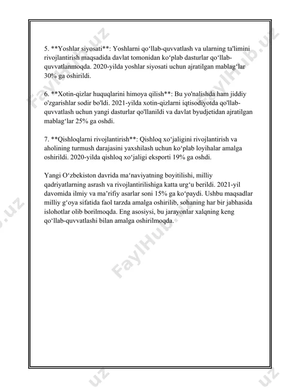 giyalar yordamida milliy merosning virtual muzeylari yaratilmoqda. bu global miqyosda oʻzbekiston madaniyatini koʻrsatish va kelajak avlodlar uchun saqlash imkonini beradi. 8. **qishloq xoʻjaligi va anʼanaviy turmush tarzi**: anʼanaviy dehqonchilik usullari, xalq ovqatlari va oshpazlik sanʼati ham oʻziga xos madaniy meros hisoblanadi. ushbu sohalarda ham o‘ziga xos kelajak rejalari va dasturlar ishlab chiqilgan. milliy oshxona festivallari va oʻnlab yangi anʼanaviy oilaviy tadbirlar kelajak avlodlarga milli oʻzlikni namoyon qilish imkonini beradi. ushbu yo‘nalishlardan ko‘rinib turibdiki, oʻzbekistonda milliy anʼanalarni qayta tiklash va rivojlantirishga oid keng koʻlamli ishlar rejalashtirilgan va amalga oshirilmoqda. bu yoʻnalishdagi ishlar mamlakatning madaniy boyligini saqlab qolish va rivojlantirishda katta ahamiyatga ega. 3. yoshlarning maʼnaviy tarbiyasi va roli yoshlarning ma'naviy tarbiyasi, ular jamiyatning ajralmas qismi sifatida shakllanishida muhim omil hisoblanadi. yoshlarning ma'naviy tarbiyasini rivojlantirish uchun turli tizimli yondashuvlar, amaliyotlar va statistik ma'lumotlar mavjud. avvalambor, yoshlarning ma'naviy tarbiyasi oilada boshlanadi. o'zbekistonning statistika qo'mitasining ma'lumotlariga ko'ra, mamlakat aholisining taxminan 35%-i 16 yoshgacha bo'lgan …