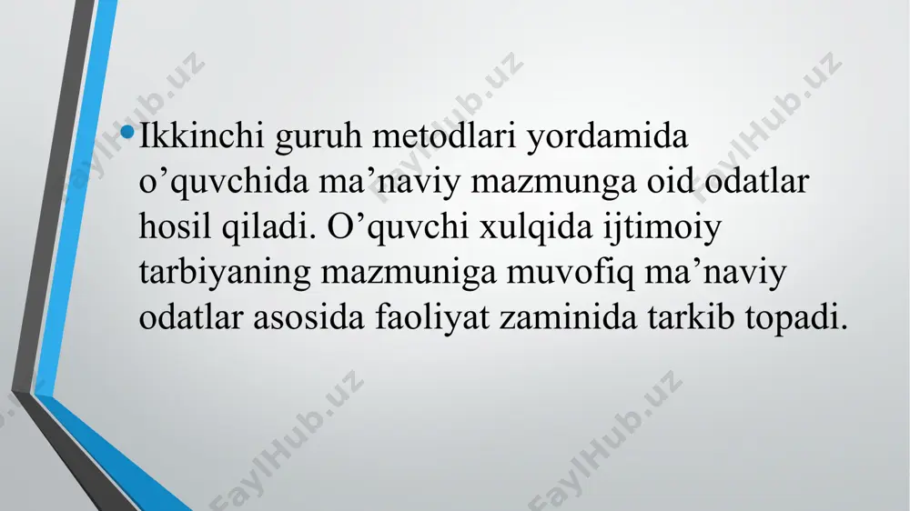 an va komil insonni tarbiyalashning mazmuni, metodlari va yo’nalishiga qo’yiladigan eng muhim talablarini belgilab beruvchi asosiy o’oya va qoidalar yio’indisidir. 3. tarbiya jarayonini tashkil etishda o’qituvchi tomonidan qo’llaniladigan metodlar ham muhim ahamiyatga ega bo’lib, ular ijtimoiy jamiyat tomonidan taьlim muassasalari oldiga qo’yilgan yosh avlodni har tomonlama barkamol, erkin, ijodkor, mustaqil fikr egasi etib tarbiyalash vazifalari bilan belgilanadi. tarbiya metodlari o’zaro o’xshash jihatlariga ko’ra uch guruhga bo’linadi. tarbiya jarayonida qo’llaniladigan tarbiya vositalari metodlari ahamiyatini kuchaytirishga xizmat qiladi. /docprops/thumbnail.jpeg