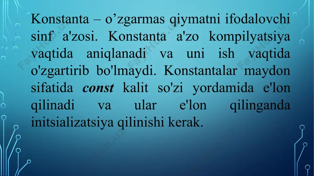 ishga tushirganimizda quyidagi natijaga erishamiz. qism sinf c# tilining o'ziga xos xususiyati hisoblanadi. bu bitta sinfning funksionalligini bir nechta fayllarga amalga oshirish uchun maxsus qobiliyatni ta'minlaydi va bu barcha fayllar dastur tuzilganda bitta sinf fayliga birlashtiriladi. qism klass partial kalit so'z yordamida yaratiladi. ushbu kalit so'z metodlar, interfeyslar yoki tuzilmalarning funksionalligini bir nechta fayllarga bo'lish uchun ham foydalidir. public partial clas_name { // code } • sinf, usul, interfeys yoki tuzilmaning funksionalligini bir nechta fayllarga ajratmoqchi bo'lsangiz, siz partial kalit so'zidan foydalanishingiz kerak va barcha fayllar yakuniy faylni yaratish uchun kompilyatsiya vaqtida mavjud bo'lishi shart. • qism modifikator faqat struktura, sinf va interfeys kabi kalit so'zlardan oldin bir zumda taqdim etilishi mumkin. • qism sinf ta'rifining har bir qismi bir xil toifada va nomlar maydonida bo'lishi kerak, lekin siz boshqa manba fayl nomidan foydalanishingiz mumkin. • qism sinf ta'rifining har bir qismi shaxsiy, himoyalangan va boshqalar kabi bir xil foydalanish …