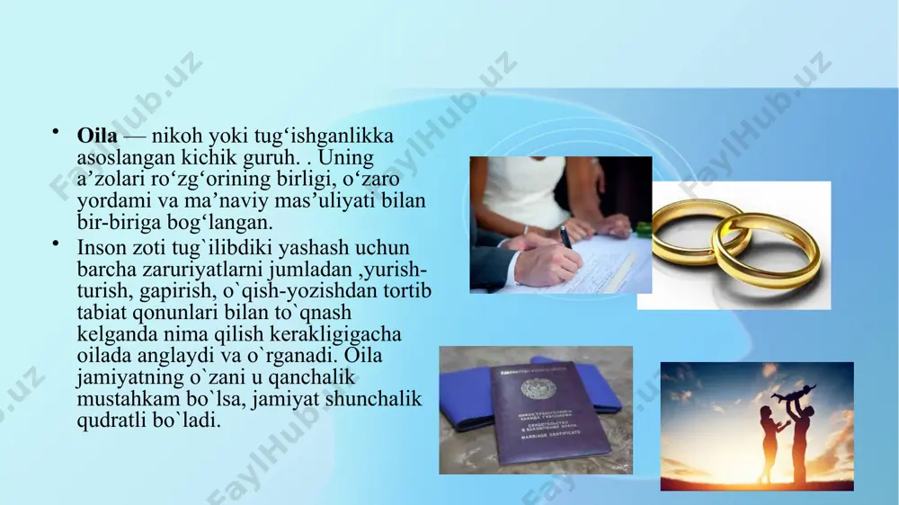 tirish uchun er-xotin yaxshigina tajriba va malakaga ega bo`lishlari zarur. 2) tarbiyaviy vazifa. ota-ona — san’atkor, bola — san’at asari, tarbiya esa bu san’atning o`zidir. oilaning tarbiyaviy vazifasi bu katta ahamiyatga ega bo`lgan jarayondir. bolalarning aqliy, jismoniy, axloqiy, estetik tarbiyasiga oilada asos solinadi. shaxs ma’naviyati dunyoqarashi, insonning tasavvur va e’tiqodiga aloqador ko`nikmalar majmui asosan oilada shakillanadi, oila haqiqiy ma’naviyat o`chog`i, tarbiya omili va muhitidir.oilaning tarbiyaviy vazifasi yo`nalishlari quyidagilardan iborat: aqliy tarbiya, ma’naviy tarbiya, estetik tarbiya, milliy qadiryatlarga asoslangan tarbiya, komil inson tarbiyasi, jismoniy tarbiya, axloqiy tarbiya, madaniy tarbiya, diniy tarbiya, milliy urf odatlarga asoslangan tarbiya. 3) oilaning reproduktiv vazifasi. oilaning jamiyat oldidagi reproduktiv vazifasi va uning bajarilishi deyilganda aholi sonini qayta tiklanishi uchun har bir oilada nechtadan farzand bo`lishi nazarda tutiladi. oilaning reproduktiv vazifasining mohiyati inson naslini ettirish, ularni ilmiy madaniy yutuqlar bilan tanishtirish, salomatligini saqlab turishdan iborat. 4) oilaning rekreativ vazifasi. oilaning rekreativ vazifasi o`zaro jismoniy, moddiy, ma’naviy hamda …