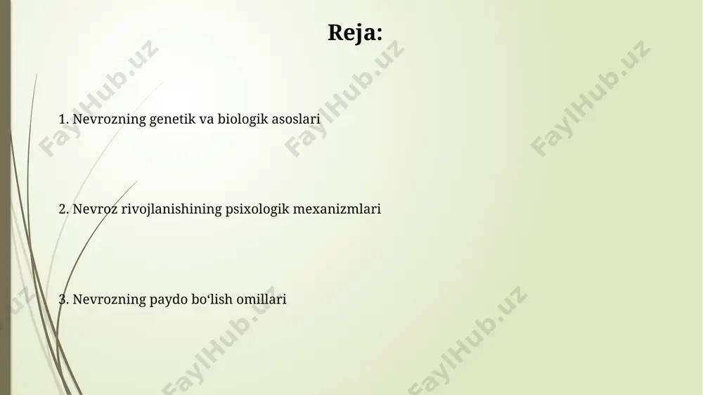 llar muhim rol o'ynaydi, tadqiqotlar shuni ko'rsatdiki, birinchi darajali qarindoshlarda nevroz mavjud bo'lganda, 2-3 marta yuqori xavf kuzatiladi. o'zbekistonning 2020-yilgi milliy sog'liqni saqlash statistikasiga ko'ra, nevroz tashxisi qo'yilgan bemorlarning 30% dan ortig'i toshkent shahrida yashaydi, bu yuqori aholi zichligi va stress darajasi bilan bog'liq bo'lishi mumkin. stress va nevrozning oʻzaro bogʻliqligi aqshning milliy sog'liqni saqlash instituti ma'lumotlariga ko'ra, o'tkir stress holatlari 2-3 hafta davom etganda, nevrozga chalinish xavfi 15% ga ortadi. 2018 yilda o'zbekistonda o'tkazilgan so'rovnoma natijalariga ko'ra, ish joyidagi yuqori stress darajasi va uy sharoitidagi muammolar nevroz kasalligi bilan og'riganlar sonining 40% ga oshishiga sabab bo'lgan. nevrozning paydo boʻlishining tarixiy kelib chiqishi 19-asr oxiri va 20-asr boshlarida, ayniqsa vena va parij kabi yirik shaharlarda sanoatlashuvning tez sur'atlarda rivojlanishi va ijtimoiy o'zgarishlar nevrozning ko'payishiga sabab bo'ldi, bu esa psixoanalizning paydo bo'lishiga turtki bo'ldi. birinchi jahon urushi (1914-1918)dan keyin, millionlab askarlar urush travmalaridan kelib chiqqan nevrozlardan aziyat chekkanligi sababli, nevrozlarning o'rganilishi …