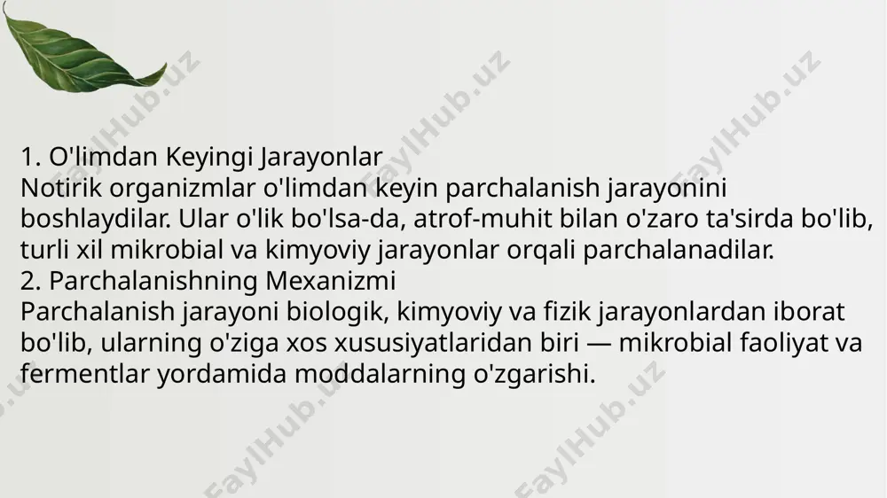 iqlim barqarorligini saqlashga yordam beriladi. parchalanish — tabiatning o'zini tiklash va bioxilma-xillikni saqlashdagi asosiy mexanizmlardan biridir. tabiiy sharoitlarda misollar: o‘simlik qoldiqlari: barglar va daraxtlar qoldiqlari tuproqqa singib, gumusga aylanadi. hayvon qoldiqlari: o‘lik organizmlar mikroorganizmlar yordamida parchalanib, anorganik moddalarga aylanishi bilan ekotizimga qayta qo‘shiladi. biologik parchalanish mikroorganizmlar (bakteriyalar, zamburug‘lar) organik moddalarni fermentlar yordamida oddiyroq birikmalarga ajratadi. bu jarayonni uch bosqichga bo‘lish mumkin: gidroliz: makromolekulalar (oqsillar, uglevodlar, yog‘lar) suv yordamida oddiyroq molekulalarga parchalanadi. fermentatsiya: organik moddalardan gazlar (co₂, ch₄) va boshqa birikmalar hosil bo‘ladi. minerallashuv: azot, fosfor, oltingugurt va boshqa elementlar anorganik moddalarga aylanishi. psixoanalizdagi parchalanish tushunchasi sigmund freyd va uning izdoshlari psixik “parchalanish”ni inson ongsiz va ongli holatlari o‘rtasidagi kurash sifatida talqin qilgan. bu jarayon psixologik buzilishlarga, jumladan, nevroz yoki shizofreniyaga olib kelishi mumkin. freydga ko‘ra, repressiya yoki qo‘rquv natijasida insonning ichki psixologik tuzilmalari bo‘linishi sodir bo‘ladi. parchalanish jarayonini boshqarish usullari kompostlash: organik qoldiqlarning tezroq parchalanishini ta’minlovchi usul. qayta ishlash: metall, …