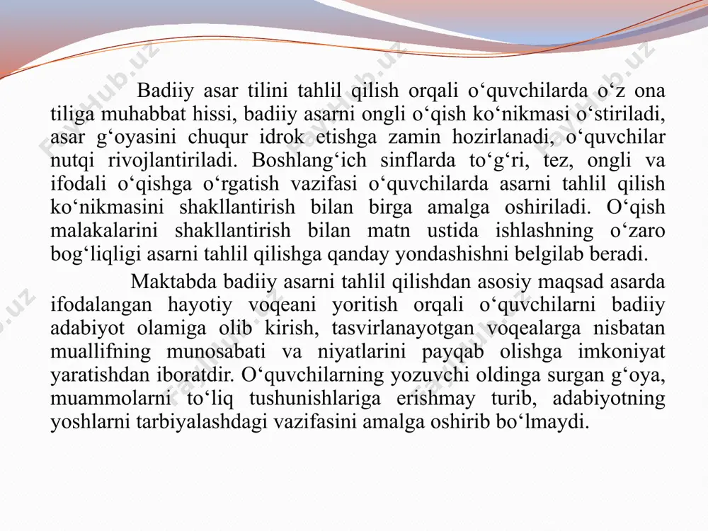 o‘quvchini muallif hayajonlangan voqeadan hayajonga solish asar tahlilida amal qiladigan muhim metodik qoidalar sanaladi. o‘quvchilarning nutqini o‘stirishda, yuqoridagilar bilan birga, adabiy tushunchalarni shakllantirish ham muhim o‘rin tutadi. o‘quvchilar adabiy tushunchalarni o‘rganish natijasida badiiy adabiyot san’atning bir turi ekanligi, uning hayot bilan aloqadorligini bilib oladilar. boshlang‘ich sinflarda asar tahlilida badiiy til vositalari − sifatlash, o‘xshatish, jonlantirish, mubolag‘a va adabiy janr turlari − ertak, hikoya, masal, she’r, doston, maqol, topishmoq kabilar bilan amaliy ravishda tanishtiriladi. badiiy asar tilini tahlil qilish orqali o‘quvchilarda o‘z ona tiliga muhabbat hissi, badiiy asarni ongli o‘qish ko‘nikmasi o‘stiriladi, asar g‘oyasini chuqur idrok etishga zamin hozirlanadi, o‘quvchilar nutqi rivojlantiriladi. 3-sinf o‘qish kitobi amaliy topshiriq: 1.mavzuni rejalar asosida o‘rganib yozish. 2. o‘qish savodxonligi 2-sinf 1-qism darsligida berilgan badiiy matnlarni tahlil qilib kelish. e'tiboringiz uchun rahmat! image2.emf image3.png image4.png image5.emf image6.emf image7.emf image8.emf image9.emf ______microsoft_office_powerpoint1.sldx image10.jpeg o‘quvchilarnutqinio‘stirishdavadunyoqarashinikengaytirishdabadiiy asarlarningo‘rni nimada? /docprops/thumbnail.jpeg слайд 10 o‘quvchilar nutqini o‘stirishda va dunyoqarashini kengaytirishda badiiy asarlarning …