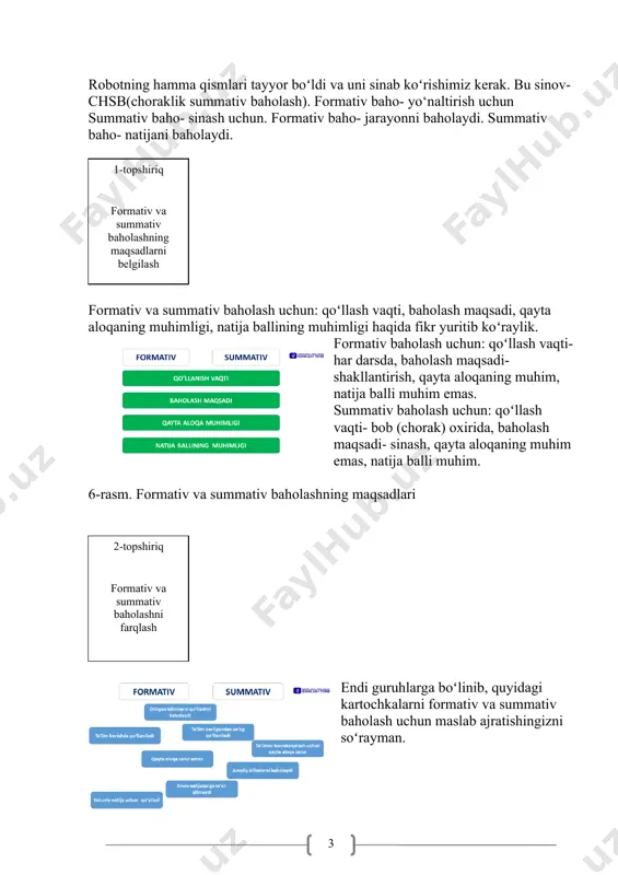 ja reproduktiv darajadagi topshiriqlarining mazmuni o‘quvchilar tomonidan o‘quv materiali qayta ishlanmasdan, ularning xotirlash qobiliyatini aniqlovchi, qonuniyatlar, xossalar, formula, tushuncha va atamalarning mohiyatini bilish, yodda saqlash va tanish, odatiy vaziyatlarda qo‘llashga qaratilgan. produktiv daraja produktiv o‘quv topshiriqlari – o‘quvchilardan o‘rganilgan matematik masalani yechishda mavzuga oid qonun va qonuniyatlar, xossalar va formulalarni qo‘llash, berilgan topshiriqlarga mos usullarni tanlash, tahlil qilish, taqqoslash, qiyoslash, bir nechta qonun va qonuniyatlarni bir vaqtda qo‘llab, umumlashtirish va xulosa yasashni talab qiladi. mulohaza darajasi intellektual darajadagi topshiriqlar o‘zlashtirilgan bilim, ko‘nikma va malakalarni notanish vaziyatlarda qo‘llash, tahlil qilish, sintezlash, qiyosiy taqqoslash, bir necha qonun va qonuniyatlarni qo‘llab, umumlashtirishni talab qiladi. summativ baholash topshiriqlarining ballari taqsimoti quyidagicha: bilish koʻnikmasini baholaydigan topshiriqlar yigʻiladigan ballning 15%, qoʻllash-70% va mulohaza yuritish-15% ini tashkil etadi. 10- rasm. baholashda topshiriqlar taqsimoti guruhlarga topshiriqlar beriladi. ular bu topshiriqlar qaysi guruhga mansubligini aniqlashlari soʻraladi. 3-topshiriq topshiriqlarda tekshiriladigan koʻnikmalarni baholash 1.yer – quyosh atrofida aylanuvchi sayyoralardan biri. quyosh …