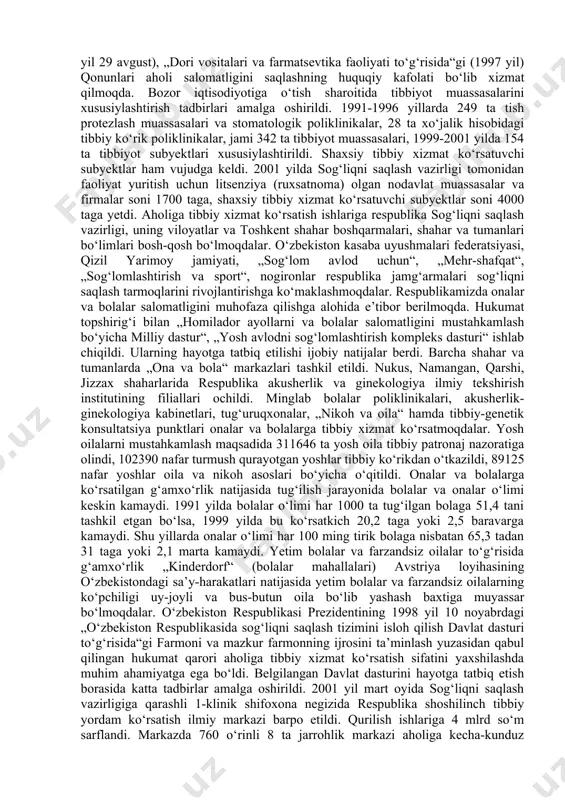 olishning imtiyozli tartibi qo‘llanildi. 1994 yil 24 avgustda „kam ta’minlangan oilalarni ijtimoiy himoya qilishni kuchaytirishga oid tadbirlar to‘g‘risida“ prezident farmoni e’lon qilindi. farmonga ko‘ra, 1994 yil oktabrdan aholini ijtimoiy himoyalash siyosatining asosiy yo‘nalishlariga tuzatishlar kiritildi. negaki, ilgari faqat respublika budjeti yo‘li bilangina 30 ta turli soha va yo‘nalishlar bo‘yicha ijtimoiy himoya amalga oshirilardi, bu mablag‘larning sochilib ketishiga olib keldi. 1992-1994 yillarda ko‘rilgan chora-tadbirlar yalpi ijtimoiy himoyalashga yo‘naltirilgan bo‘lib, yordamga muhtoj bo‘lgan fuqarolarni qo‘llab-quvvatlashda to‘la samara bermayotgan edi. 1994 yilda ijtimoiy himoyaning asossiz tenglashtirish tizimidan aniq maqsadli va aholining aniq tabaqalarini qamrab oladigan tizimga o‘tildi. mahalla orqali bolalar, keksalar va kam daromadli oilalarga moddiy yordam beriladigan bo‘ldi. kam ta’minlangan oilalarga moddiy yordam, bola boquvchi oilalarga bolasi 2 yoshga to‘lgunga qadar, shuningdek, 16 yoshgacha bolalari bo‘lgan oilalarga yagona nafaqalar berish joriy etildi. mahallalarda respublika va mahalliy budjet mablag‘lari, shuningdek, korxona va tashkilotlarning, tadbirkorlik tizimlari va ayrim fuqarolarning ixtiyoriy ravishda o‘tkazgan mablag‘lari hisobidan …