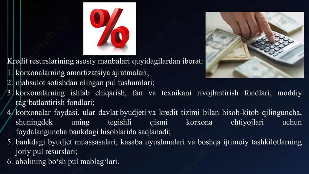 nishi sharti bilan avtomobil qiymatining eng ko’pi bilan 75% miqdorida beriladi. foiz stavkasi boshlang‘ich to‘lovdan kelib chiqib belgilanadi: 25%dan 49%gacha — 27%; 50%dan 74%gacha — 26%; 75% va undan yuqori bo‘lsa, u holda 25%ni tashkil etadi. “infinbank” kredit 12 oygacha muddatga beriladi, foiz stavkasi boshlang‘ich to‘lovdan kelib chiqqan holda 30−38%ni tashkil etadi. boshlang‘ich to‘lov 25%dan boshlanadi. “davrbank” kreditlar 36 oygacha bo‘lgan muddatga beriladi. foiz stavkasi boshlang‘ich to‘lovdan kelib chiqib belgilanadi: to‘lov 50% bo‘lganda stavka — 18%; to‘lov 40% bo‘lganda stavka — 23%; to‘lov 35% bo‘lganda stavka — 28%. “ravnaq-bank” kreditlar 1 yildan 3 yilgacha beriladi. boshlang‘ich to‘lov 30%ni tashkil etadi. foiz stavkasi — 1 yilgacha 28%, uch yilgacha — 32%. kredit miqdori cheklanmagan. “ipoteka-bank” foiz stavkasi 30%. kredit summasi — ekihning 700 barobarigacha. kredit uch oylik imtiyozli davr bilan 1 yilgacha bo‘lgan muddatga beriladi. “orient finans” bank avtokreditlar 300 mlndan ko‘p bo‘lmagan miqdorda 4 yilgacha muddatga beriladi. stavka boshlang‘ich to‘lov …
