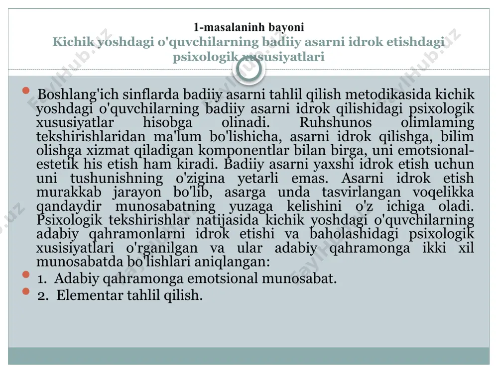 shlari aniqlangan: 1. adabiy qahramonga emotsional munosabat. 2. elementar tahlil qilish. boshlang'ich sinflarda badiiy asar quyidagi muhim metodik qoidalar asosida tahlil qilinadi: asar mazmunini tahlil qilish va to'g'ri, tez, ongli, ifodali o'qish malakalarini shakllantirish bir jarayonda boradi (asarning mazmuni­ni tushuntirishga oid topshiriq o'qish malakalarini takomillashtirish topshirig'i ham hisoblanadi). asarning g'oyaviy asoslari va mavzusini, uning obrazlari, sujet chizig'i, kompozitsiyasi va tasviriy vositalarini tushuntirish o'quv-chilarning shaxs sifatida umumiy kamol topishiga yaxshi xizmat qiladi, shuningdek, bog'lanishli nutqining o'sishi ni ta'minlaydi. sinfda o'qishga o'quvchilarning bilish faoliyatini faollashtirish, atrof-muhit haqidagi bilimlarini kengaytirish va ilmiy dunyoqarash asoslarini shakllantirishning samarali vositasi sifatida qaraladi. o'quvchilarning hayotiy tajribasiga tayanish asar mazmunini ongli idrok etishning asosi va uni tahlil qilishning zaruriy sharti hisoblanadi. o'quvchi asaming mazmuni bilan uni mutolaa qilish paytida tanishsa, tahlil qilishda uning poetik vositalariga murojaat qiladi. mu­tolaa hissiyotni boyitib, aqlni peshlasa, tahlil asar zamiridagi ma'noni chuqur o'rganishga yordam beradi. o'qituvchi badiiy asar ustida ishlashda quyidagi masalalarni hal …