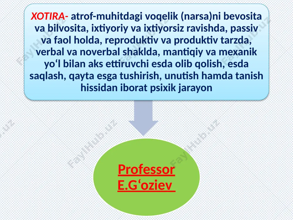 iq esda qoldirish va esga tushirishga qaratilgan nodir qobiliyat. xotira jarayonlari quyidagilardan iborat: esda olib qolish esda saqlash esga tushirish va unitish xotira jarayonlari esda olib qolish o’zining faolligi jihatidan ikkiga bo’linadi: ixtiyorsiz esda qoldirish ixtiyoriy esda qoldirish esda olib qolish idrok qilingan narsa va hodisalarni miya po‘stida iz hosil qilishdir. uning fiziologik asosi miya po‘stida muvaqqat nerv bog‘lanishining vujudga kelishidir. ixtiyorsiz esda qoldirish- oldindan maqsad quyilmaydi, mavzu tanlanmaydi va iroda kuchi sarflanmaydi ixtiyoriy esda qoldirish- oldindan maqsad qo‘yib mavzu belgilanadi esda olib qolish jarayoni deganda sezgi, idrok, tafakkur, ichki kechinmalarni xotirada saqlanish xususiyati tushuniladi. ixtiyoriy esda qoldirishda quyidagi turli usullardan foydalaniladi: - maqsad qo'yish, masalan, institutga kirish oldidagi maqsad; - o'quv materiallarini tushunib esda qoldirish; - esda qoldirishning ratsional usullaridan foydalanish, masalan, esga tushirish yo'li bilan esda qoldirish. psixologiya fanida esda olib qolishning quyidagi turlari mavjud: ma’lumot, xabar, taassurot, axborot va materiallarni eshitish orqali idrok qilish hamda esda olib …