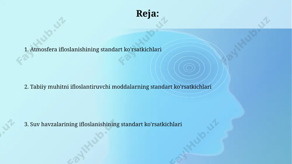 va oziq-ovqat zanjiri orqali inson organizmiga kiradi. plastik chiqindilarning taʼsiri plastik parchalanishi juda sekin jarayon bo'lib, ba'zi turlari 1000 yildan ortiq vaqt davomida atrof-muhitda qoladi, shu bilan birga toksik moddalarni chiqarib, ekotizimlarga zarar yetkazadi. plastik chiqindilarning 90% dan ortig'i qayta ishlanmaydi, bu esa yer osti va yer usti suv havzalari ifloslanishiga, shuningdek, tuproq unumdorligining pasayishiga olib keladi. suvni ifloslantiruvchi asosiy moddalar suv havzalarida organik ifloslantiruvchi moddalar miqdorini aniqlash uchun kimyoviy kislorod talabi (xkt) ko'rsatkichi ishlatiladi, odatda uning chegaraviy qiymati 5 mg/l dan oshmasligi lozim. havoni ifloslantiruvchi zararli gazlar, masalan, so2, nox va co ning yillik o'rtacha konsentratsiyasi 50 µg/m³ dan oshmasligi kerak. bu ko'rsatkich sog'liq uchun xavfsizlik chegarasini aniqlaydi. kislota yomgʻirlari va ularning oqibatlari kislotali yomg'irlar tuproqning kislotaliligini oshirib, o'simliklarning o'sishini sekinlashtiradi va 30% gacha hosilni kamaytirishi mumkin. kislotali yomg'irlarning ph darajasi 5,6 dan past bo'lib, normal yomg'irga qaraganda ancha kislotali hisoblanadi va bu ekologik muvozanatni buzadi. pestitsidlar va gerbitsidlarning …