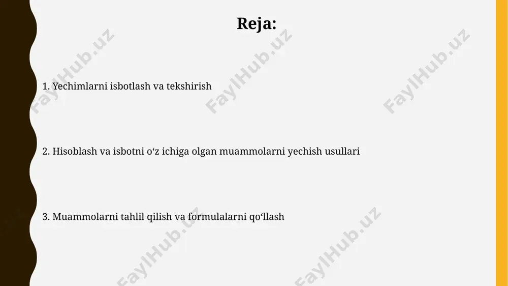r va teoremalarni tanlash samarqanddagi 2023-yilgi matematik olimpiadasida ishtirok etgan talabalar, tenglamalar sistemasini yechishda kramer qoidasi va gauss usulini qo'llash orqali 3 ta noma'lumli tenglama sistemalarini tez va aniq hal qilish mumkinligini ko'rsatishdi. 15-yillik tajribaga ega bo'lgan toshkentlik matematik professorining ta'kidlashicha, murakkab geometrik masalalarni yechishda pifagor teoremasi va trigonometrik funksiyalarni to'g'ri tanlash muhimdir, chunki bu 2 ta formula murakkab hisob-kitoblarni soddalashtiradi. isbotlash usullari isbotlash usullaridan biri, masalan, 20 dan kichik butun sonlar to'plami uchun to'liq induksiya usulini qo'llash orqali, samarqanddagi 5 ta turli xil teoremani isbotlash mumkin. geometrik isbotlash usullaridan foydalanib, toshkent shahridagi 15 gradus burchak va 7 sm uzunlikdagi ikki tomonli uchburchakni hisoblash orqali 3 ta tengsizlikni isbotlash mumkin. natijani tekshirish va tahlil qilish samarqanddagi 25 ta o‘quvchining matematik muammoni yechishda natijani tekshirish va tahlil qilish jarayonida 15 tasi algebraik tenglamalarni, qolgan 10 tasi esa geometrik shakllar yordamida yechimlarni tekshirgan. toshkent shahridagi tadqiqot natijalariga ko‘ra, 70% talaba natijani tekshirishda …