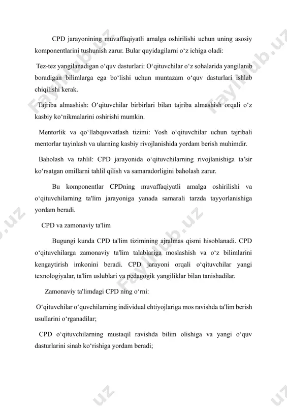 cpdning muvaffaqiyatli amalga oshirilishi va o‘qituvchilarning ta'lim jarayoniga yanada samarali tarzda tayyorlanishiga yordam beradi. cpd va zamonaviy ta'lim bugungi kunda cpd ta'lim tizimining ajralmas qismi hisoblanadi. cpd o‘qituvchilarga zamonaviy ta'lim talablariga moslashish va o‘z bilimlarini kengaytirish imkonini beradi. cpd jarayoni orqali o‘qituvchilar yangi texnologiyalar, ta'lim uslublari va pedagogik yangiliklar bilan tanishadilar. zamonaviy ta'limdagi cpd ning o‘rni: o‘qituvchilar o‘quvchilarning individual ehtiyojlariga mos ravishda ta'lim berish usullarini o‘rganadilar; cpd o‘qituvchilarning mustaqil ravishda bilim olishiga va yangi o‘quv dasturlarini sinab ko‘rishiga yordam beradi; ta'lim jarayonida muammolarni hal qilish va innovatsion yondashuvlarni qo‘llashga imkon beradi. bugungi kunda cpd ning muvaffaqiyatli amalga oshirilishi uchun o‘qituvchilar zamonaviy bilimlar va ko‘nikmalarga ega bo‘lishlari kerak. shu bilan birga, cpd jarayonida o‘qituvchilarga taqdim etilgan bilimlar ta'lim jarayonining yangi tendensiyalariga mos kelishi muhimdir. yaxlit maktab yondashuvi butun maktab jamoasining o‘quvchilar ta'limi, xulqi va sog‘lom turmush tarzini yaxshilashga qaratilgan strategik va doimiy hamkorlikdagi harakatidir. bunda nafaqat o‘qituvchilar, balki maktab direktori, texnik …