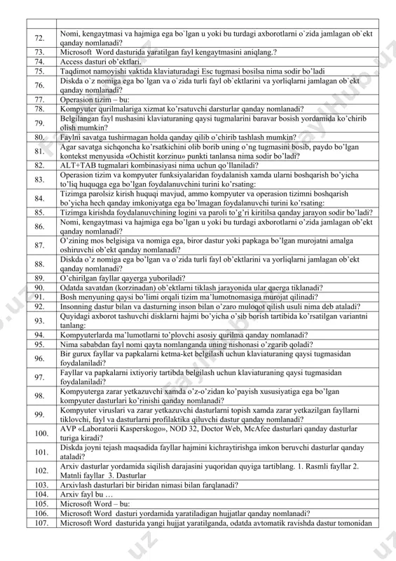 jat yaratilganda, odatda avtomatik ravishda dastur tomonidan unga qanday nom beriladi? 54. excel ish kitobida kamida nechta sahifa (list) bo`lishi mumkin? 55. excel ish kitobiga yangi sahifa (list) qanday qo`shiladi? 56. excel ish kitobi sahifalarini (list) tezkor qayta nomlash usulini ko`rsating 57. microsoft excel dasturida qanday ma`lumotlar turi mavjud emas? 58. noto`g`ri yozilgan formulani ko`rsating 59. diagramma nimaga asoslanib quriladi? 60. microsoft excel elektron jadvalida a1:b3 yacheykalar guruhi tanlangan. bu diapazonga nechta yacheyka kiradi. 61. taqdimot namoyishi vaqtida klaviaturadagi page up tugmasi bosilsa nima sodir buladi? 62. qaysi tugma bosilganda yangi slayd qo`shiladi? 63. qaysi tugma bosilganda slaydlar namoyishi tuxtatiladi? 64. rasmda keltirilgan microsoft excel dasturi yacheykasining identifikatorini (adres) ko`rsating: 65. bir bayt necha bitga teng? 66. bir mb necha teng? 67. operatsion tizim va komp`yuter funktsiyalaridan foydalanish xamda ularni boshqarish bo`yicha to`liq huquqga ega bo`lgan foydalanuvchini turini ko`rsating: 68. arxivlangan fayllarning kengaytma nomi 69. word dasturida faylni printerda chop …