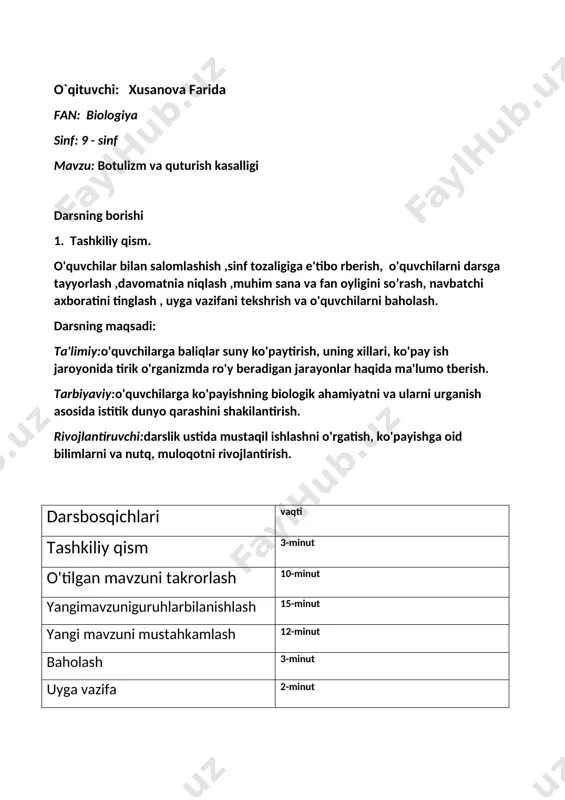 vri qanday mavzu: botulizm va quturush kasalligi reja: 1. botulizm kasaligi qanday kelib chiqadi. 2. botulizmdan saqlanish 3. to’g’ri ovqatlanish. 4.gigiyena darsni mustahkamlash 1.botulizm nima. 2.botulizm kasaligini keltirib chiqaradigan sabablar. 3.gigiyena qoidalariga amal qilish. 4.hayvonlardan ehtiyot bo’lish. uyga vazifa gigiyena qoidalariga qatiy amal qilish va uyni, idishlarni ozoda tutish. fan o’qituvchisi. f.xusanova o’ibdo’. m.sayfullayeva uygavazifa baliqlarningxilmaxilligi: tog'aylibaliqlarsinfimavzunio'qibkelish. o'qituvchi: m. qobulova u.b.r : o. qobulova o'tibdo': s. raximov image4.emf ______microsoft_office_powerpoint1.sldx image5.emf ______microsoft_office_powerpoint2.sldx image6.emf ______microsoft_office_powerpoint3.sldx image7.emf ______microsoft_office_powerpoint4.sldx image8.emf ______microsoft_office_powerpoint5.sldx image9.emf ______microsoft_office_powerpoint6.sldx image10.emf ______microsoft_office_powerpoint7.sldx image11.emf ______microsoft_office_powerpoint8.sldx image12.emf ______microsoft_office_powerpoint9.sldx image13.emf ______microsoft_office_powerpoint10.sldx image14.emf ______microsoft_office_powerpoint11.sldx image15.emf ______microsoft_office_powerpoint12.sldx image16.emf ______microsoft_office_powerpoint13.sldx image17.emf ______microsoft_office_powerpoint14.sldx image1.jpeg image2.jpeg image3.png натижадауйшароитидаконсервамаҳсулотларинитайёрлашдаетарли иссиқликвабосимҳосилқилишнингиложийўқлигисабабли,овқатдан заҳарланишнингоғиршаклибўлган-ботулизмкасаллигинингкелибчиқишэҳтимолиошади.айниқса,уйшароитидатайёрланганконсерва маҳсулотлариниҳархилмаросимлардакўпчиликтомониданистеъмол қилинишиодамларнингоммавийравишдаовқатданзаҳарланишигаолибкелишимумкин. /docprops/thumbnail.jpeg слайд 6 натижада уй шароитида консерва маҳсулотларини тайёрлашда етарли иссиқлик ва босим ҳосил қилишнинг иложи йўқлиги сабабли, овқатдан заҳарланишнинг оғир шакли бўлган-ботулизм касаллигининг келиб чиқиш эҳтимоли ошади. айниқса, уй шароитида тайёрланга
