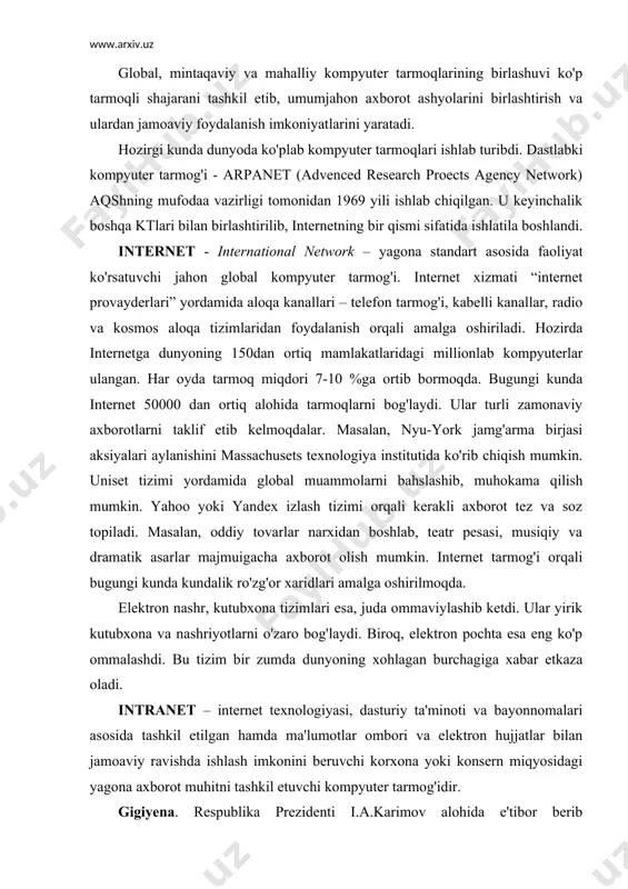 muhitni tashkil etuvchi kompyuter tarmog'idir. gigiyena. respublika prezidenti i.a.karimov alohida e'tibor berib ta'kidlaganidek, «xalq sog’lig’ini mustahkamlash muhim vazifalardan biridir. yosh avlodning sog’lig’i haqida qayg’urish ham davlat siyosati darajasiga ko’tarilgan. bular yosh avlodning sog’lig’iga ta'sir qiluvchi asosiy omillarni bilishni, bolalarda sog’lom turmush tarzini shakllantirishning metodologik, psixologik, pedagogik, tibbiy va gigiyenik asoslarini yaratishni taqozo etadi». salomatlik – bu nafaqat kasallik belgilarini yo’qligi, balki jismoniy, ruhiy va ijtimoiy farovonlik holati deb ta'riflanadi. salomatlik – bu organizmni tashkil etuvchi barcha morfo-funksional tizimlarini aniq va ritm ravishda o’z vazifalarini bajarishi tufayli inson o’z aqliy va mehnat faoliyatini bajara oladi va jamiyatda ma'lum o’rinni egallaydi. sog’lom turmush tarzi – bu insonning hayot iva salomatligi xavfsizligini ta'minlashga xizmat qiluvchi, ko’nikmalarga ega bo’lish asosida hayotiy faoliyatni yo’lga qo’yish hamda salomatligini yuqori darajada bo’lishini ta'minlovchi ijtimoiy hodisa. sog’lom turmush tarzi – inson turmush sharoitlarini faollashtirish usuli bo’lib, kun tartibiga rioya qilish, faol harakat asosida organizmni chiniqtirish, sport bilan shug’ullanish, …