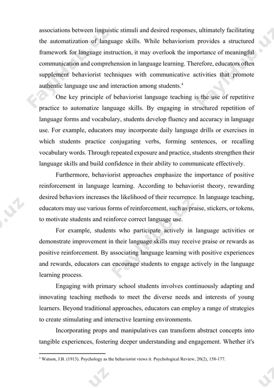 s observable behaviors and the principles of conditioning in facilitating language acquisition. in the context of language teaching, behaviorist methodologies focus on systematic, repetitive practice to reinforce language patterns and vocabulary. common techniques include language drills, pattern practice exercises, and the use of positive reinforcement, such as rewards or praise, to motivate learners and reinforce correct language use. behaviorist approaches aim to create strong associations between linguistic stimuli and desired responses, ultimately facilitating the automatization of language skills. while behaviorism provides a structured framework for language instruction, it may overlook the importance of meaningful communication and comprehension in language learning. therefore, educators often supplement behaviorist techniques with communicative activities that promote authentic language use and interaction among students.[footnoteref:4] [4: watson, j.b. (1913). psychology as the behaviorist views it. psychological review, 20(2), 158-177.] one key principle of behaviorist language teaching is the use of repetitive practice to automatize language skills. by …